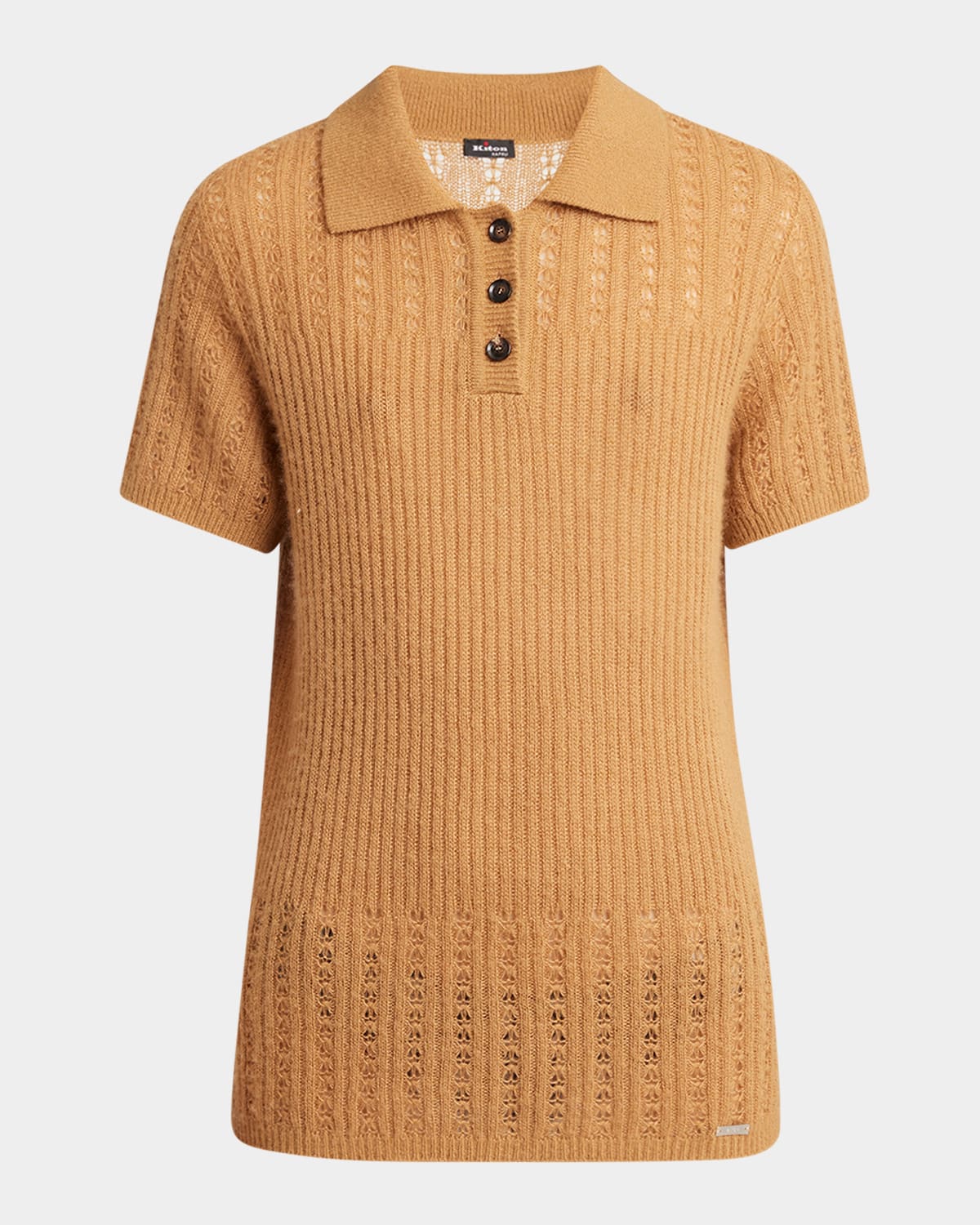 Kiton Cashmere-silk Openwork Knit Polo Shirt In Gold