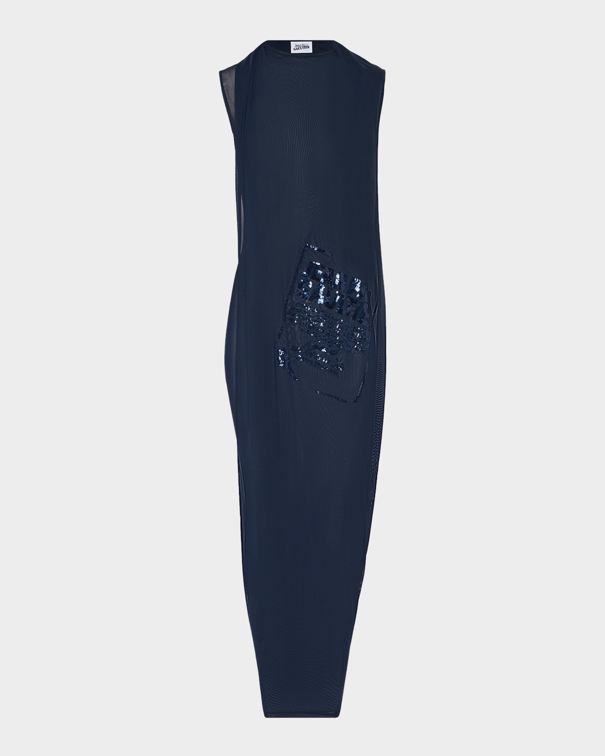 Jean Paul Gaultier Sequined Label Draped Mesh Maxi Dress In Blue