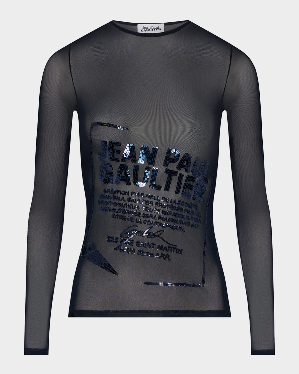 Jean Paul Gaultier Sequined Label Mesh Long-sleeve Top In Black