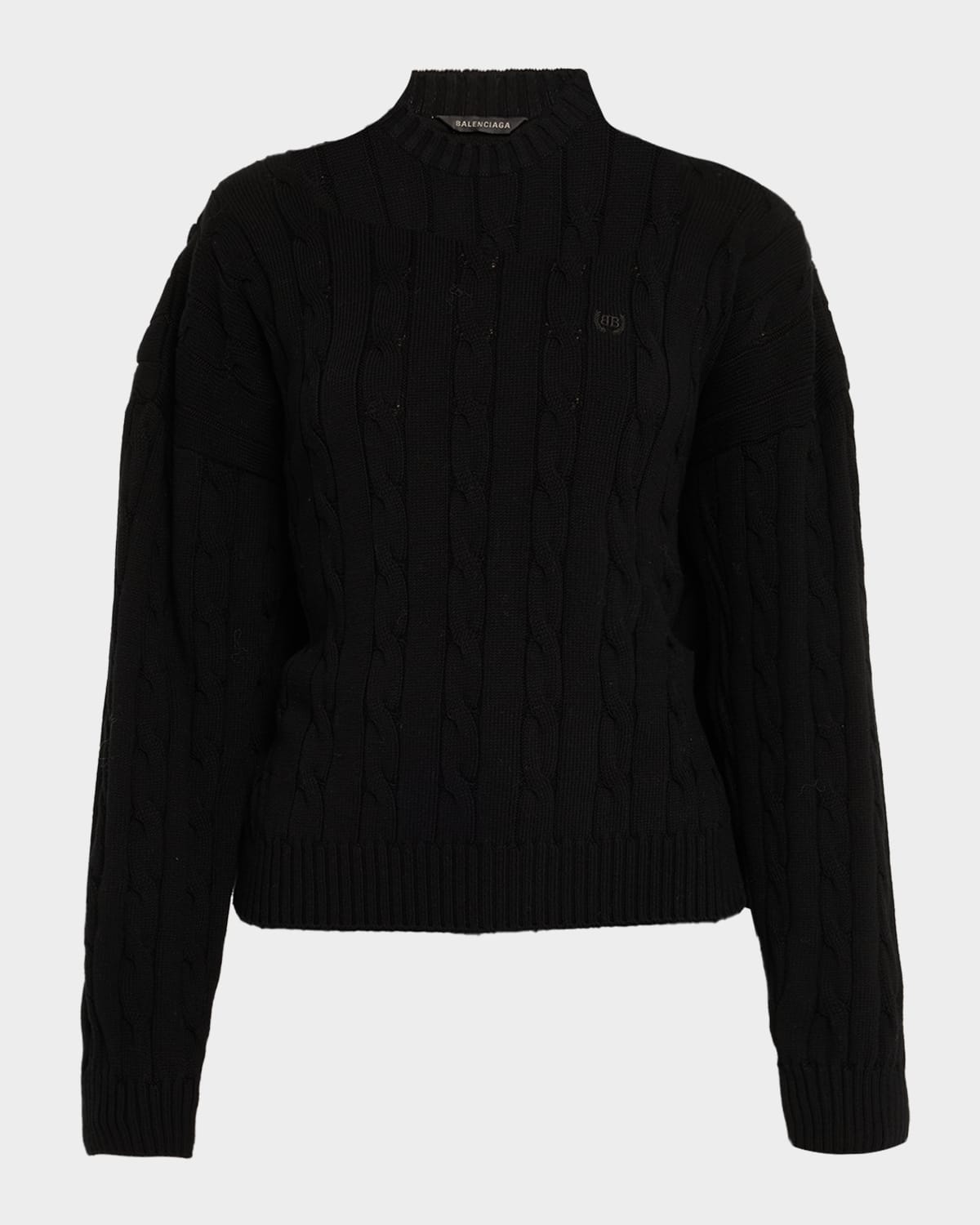 Balenciaga Cable Knit Logo Crew Neck Sweater In Black
