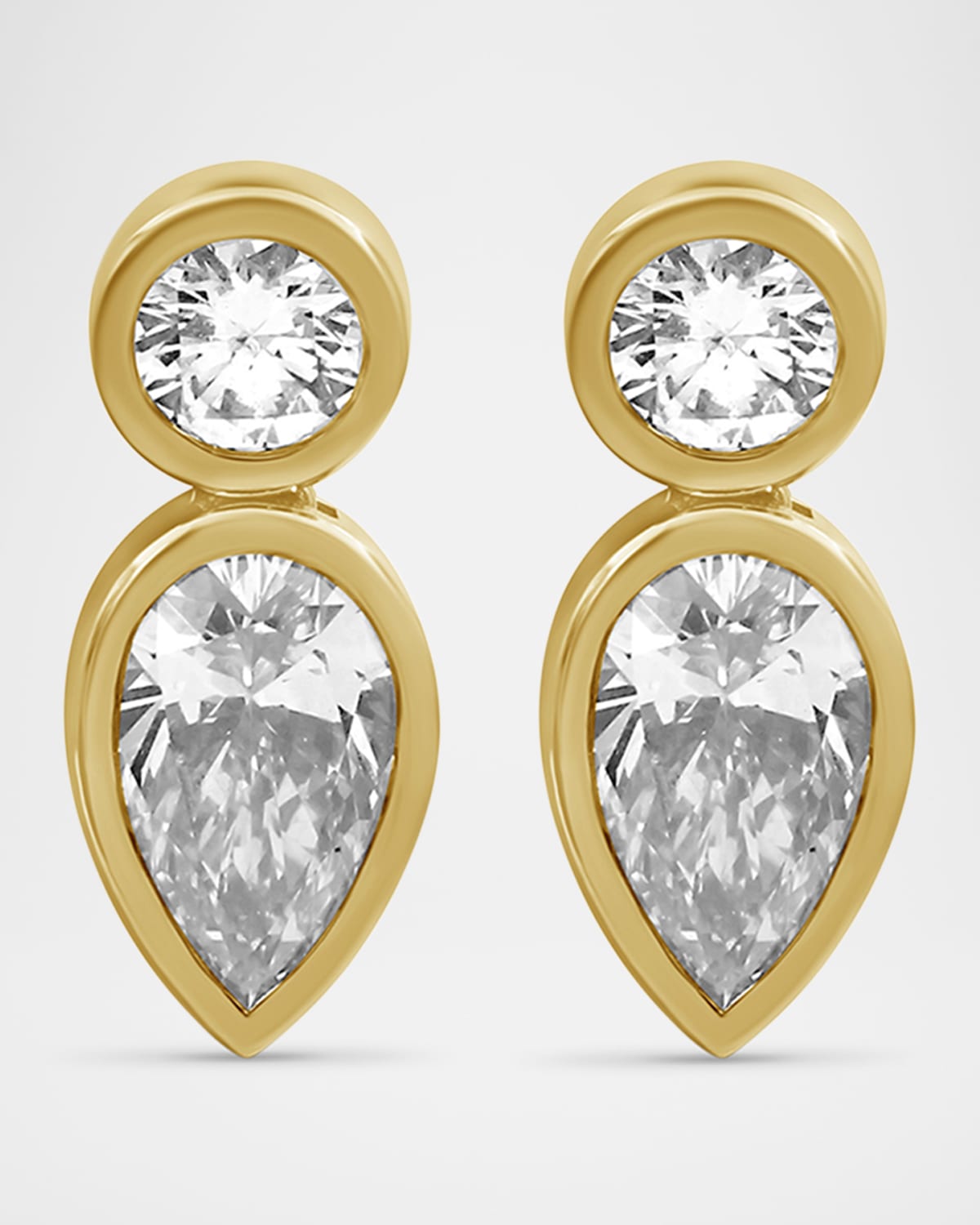 Pear and Round Lab Grown Diamond 18K Yellow Gold Bezel Earrings