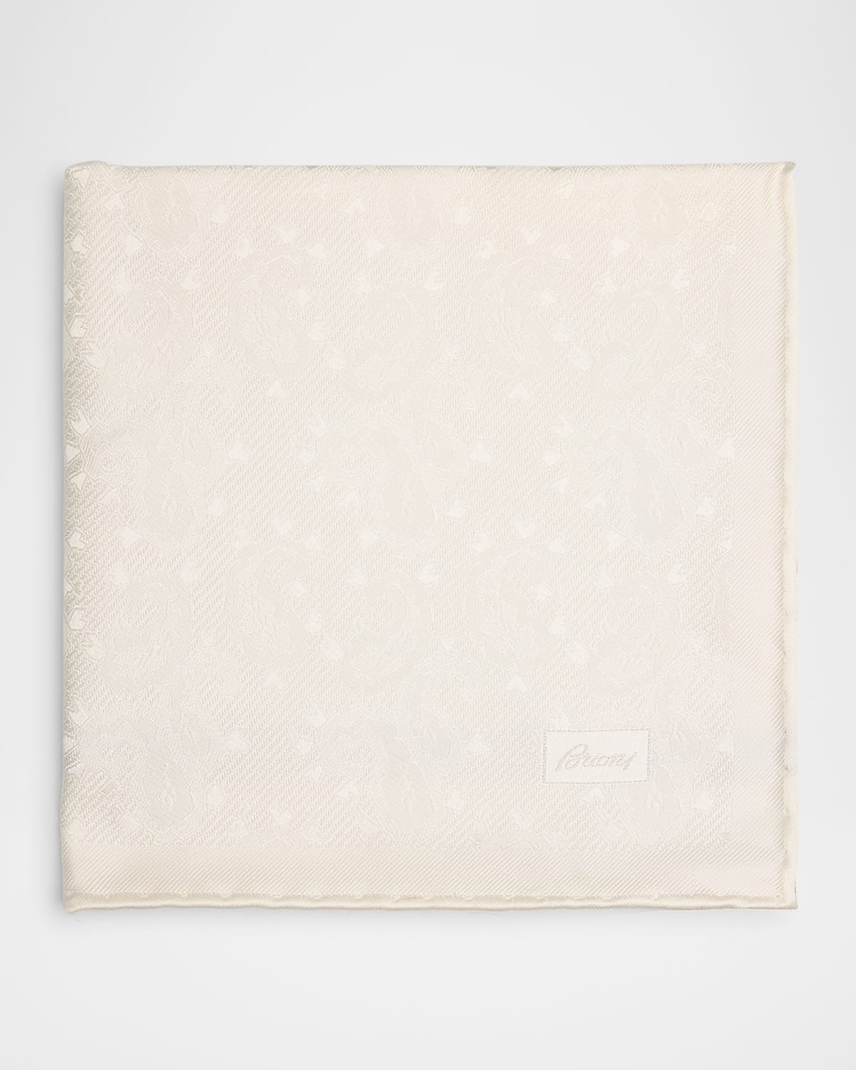 Brioni Men's Solid Paisley Jacquard Silk Pocket Square In White