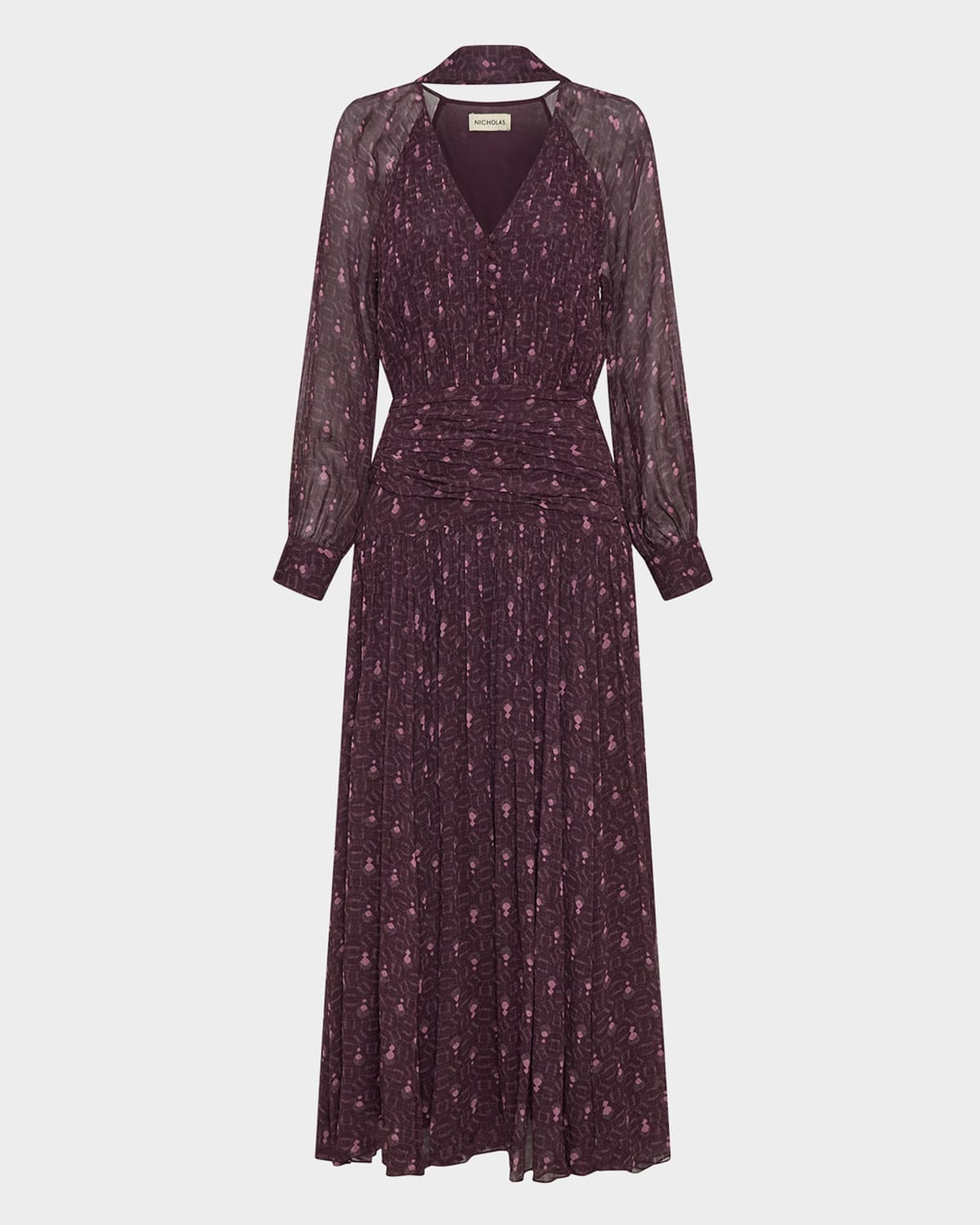 Nicholas Draya Ruched Tie-neck Viscose Maxi Dress In Burgundy