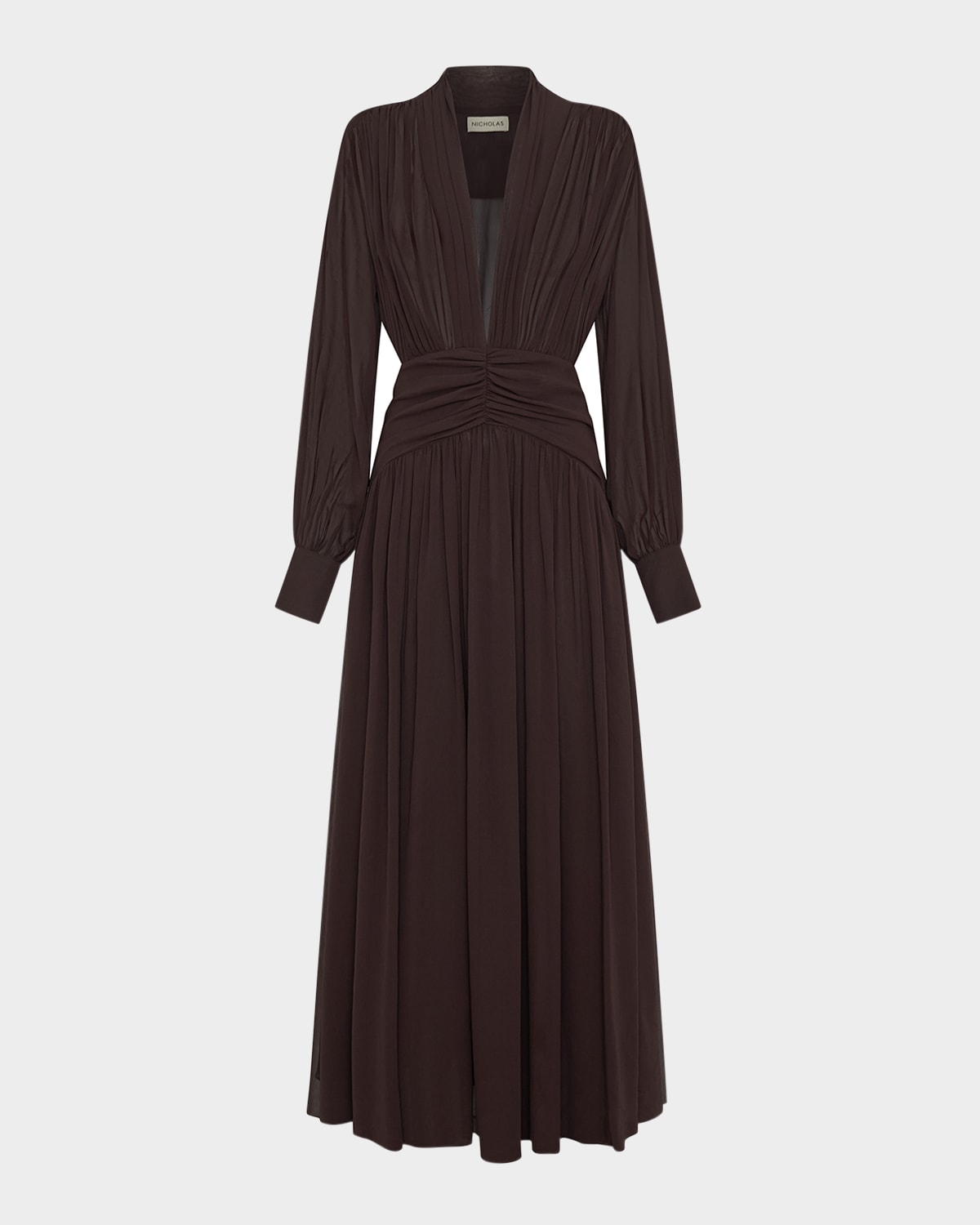 Nicholas Jocelyn Ruched Deep V-neck Gown In Brown