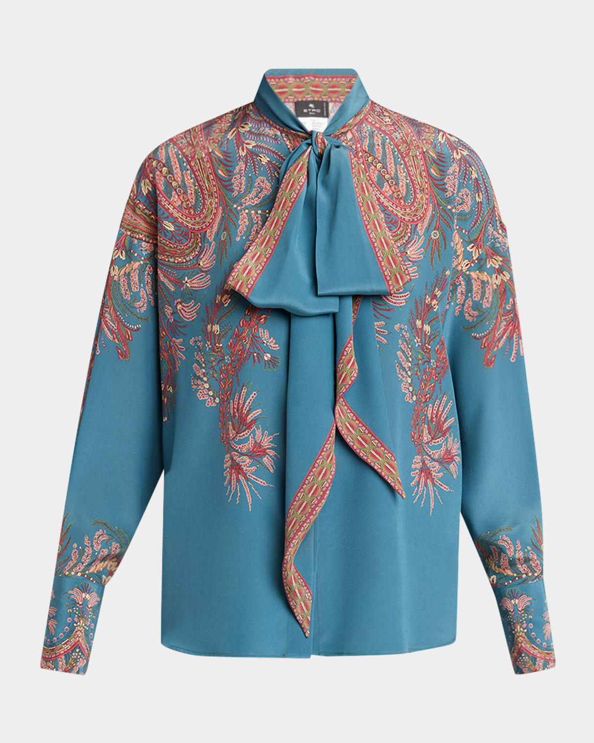 Etro Floral Paisley Silk Bow Blouse In Blue