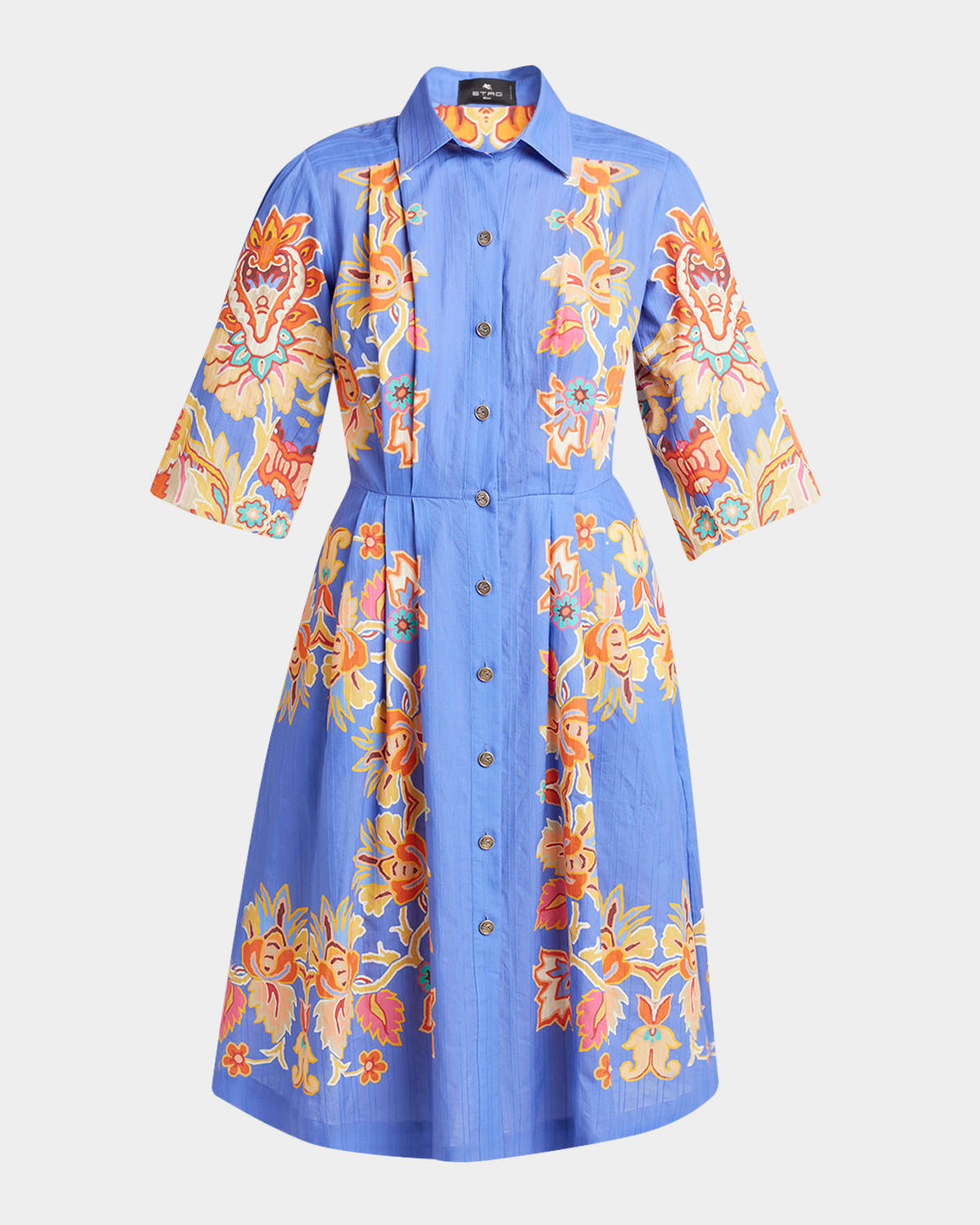 Etro Pleated Blue Bouquet Puff-sleeve Shirtdress In Blue