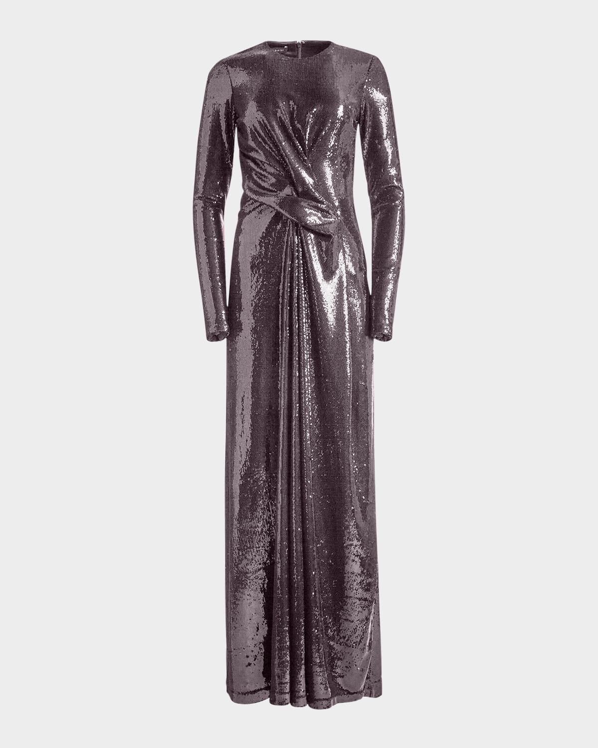 Kate Barton Long-sleeve Draped Sequin Gown In Gray