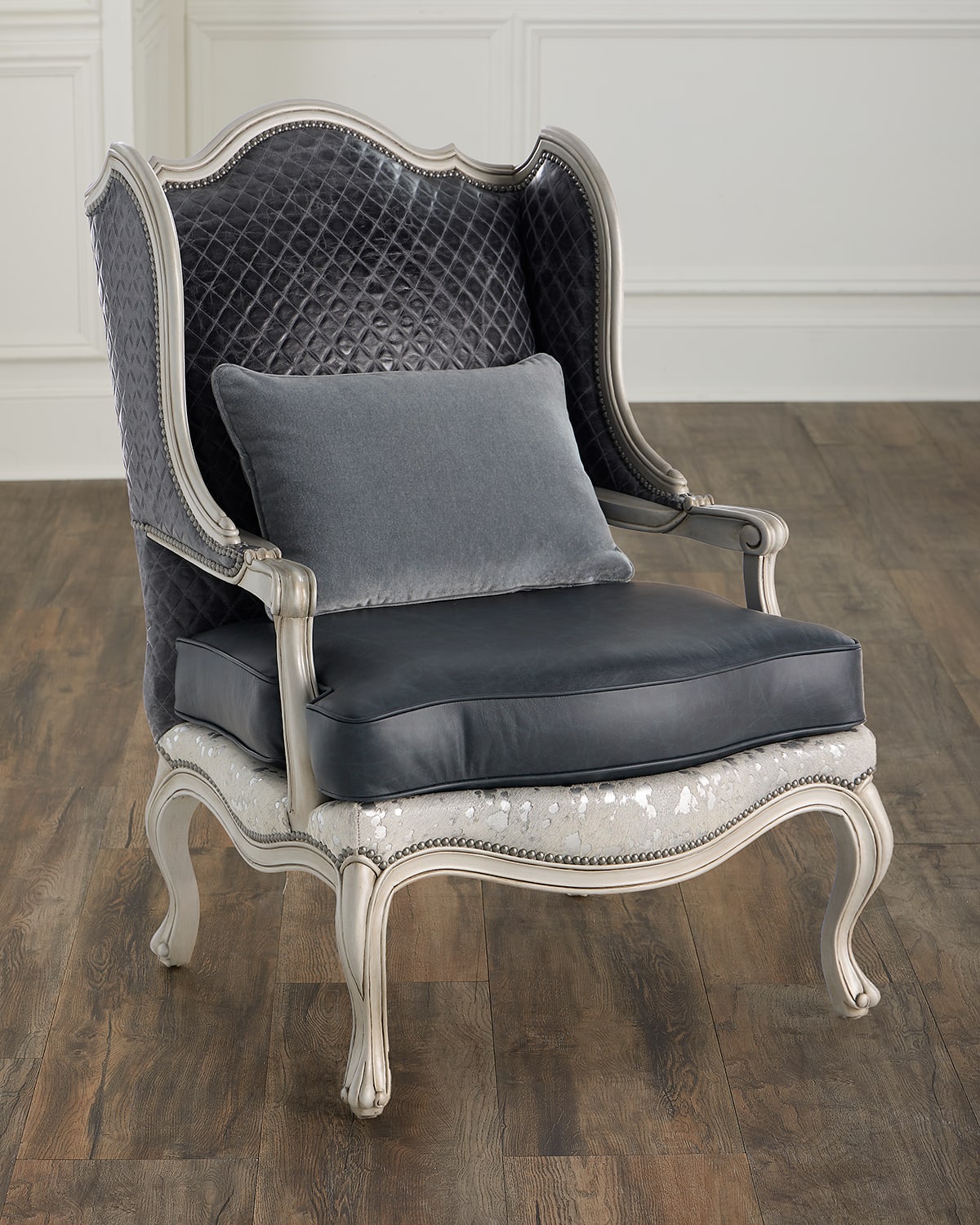 Massoud John Leather & Hair On Hide Wing Chair In Gray