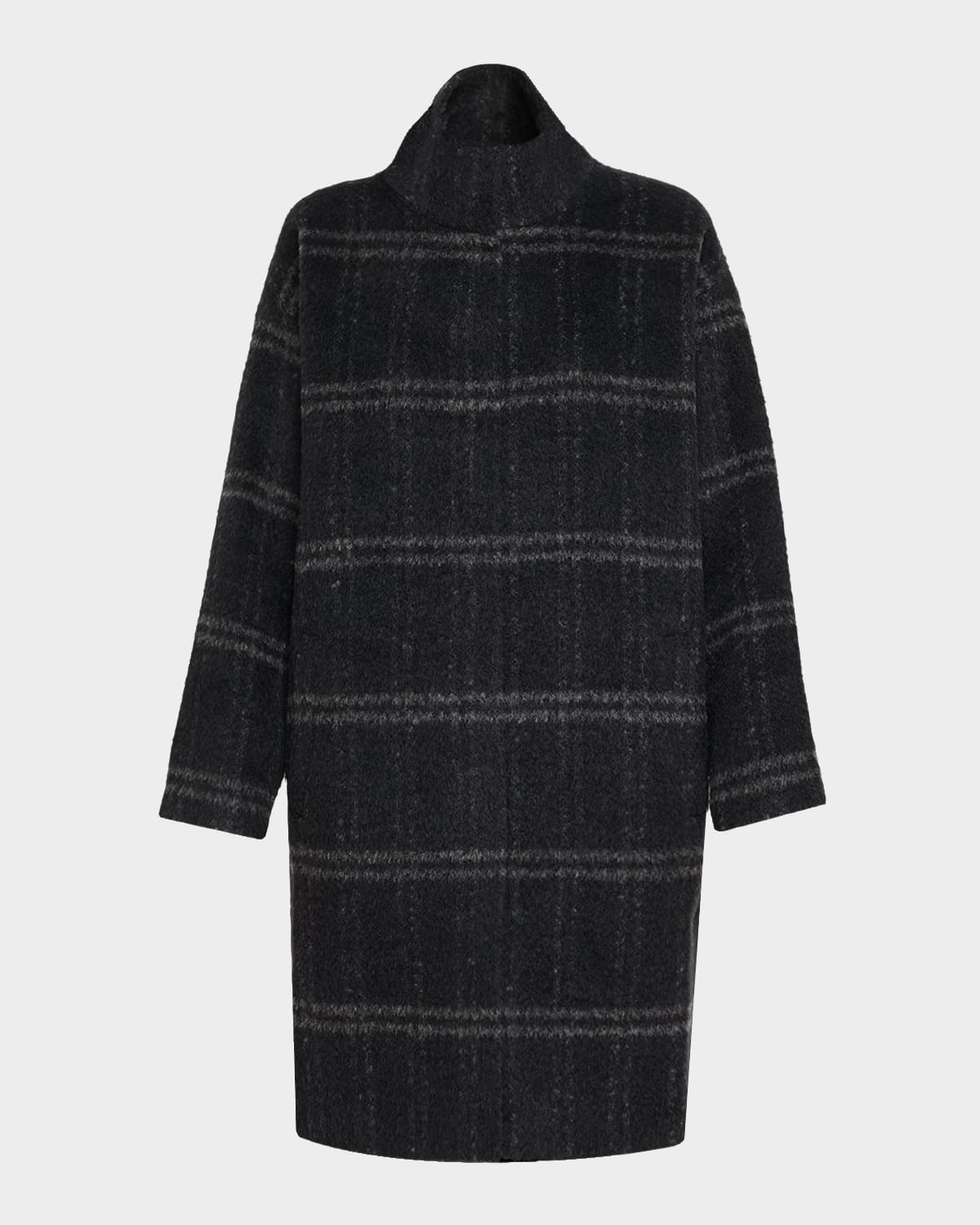 Eileen Fisher Stand-collar Windowpane Luxe Alpaca Coat In Black