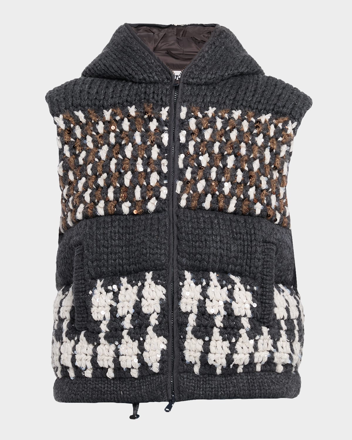 Brunello Cucinelli Prince Of Wales Paillette Cashmere Knit Padded Vest With Hood In Black