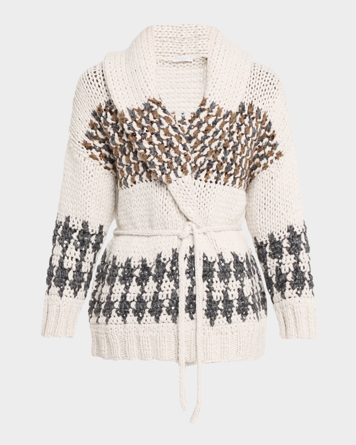 Brunello Cucinelli Prince of Wales Cashmere Opera Knit Wrap Cardigan