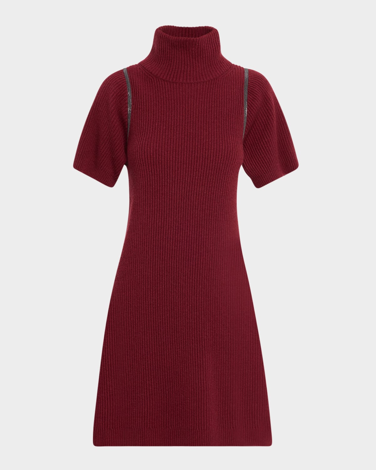 Brunello Cucinelli Mock-neck Monili Short-sleeve Cashmere Rib Mini Dress