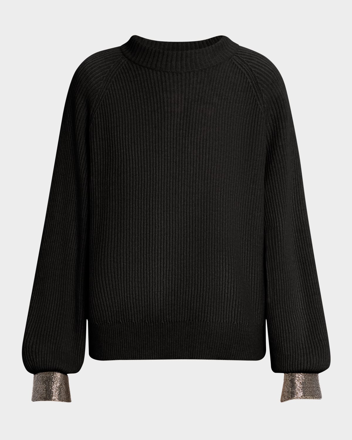 Monili-Cuff Cashmere Rib Crewneck Sweater