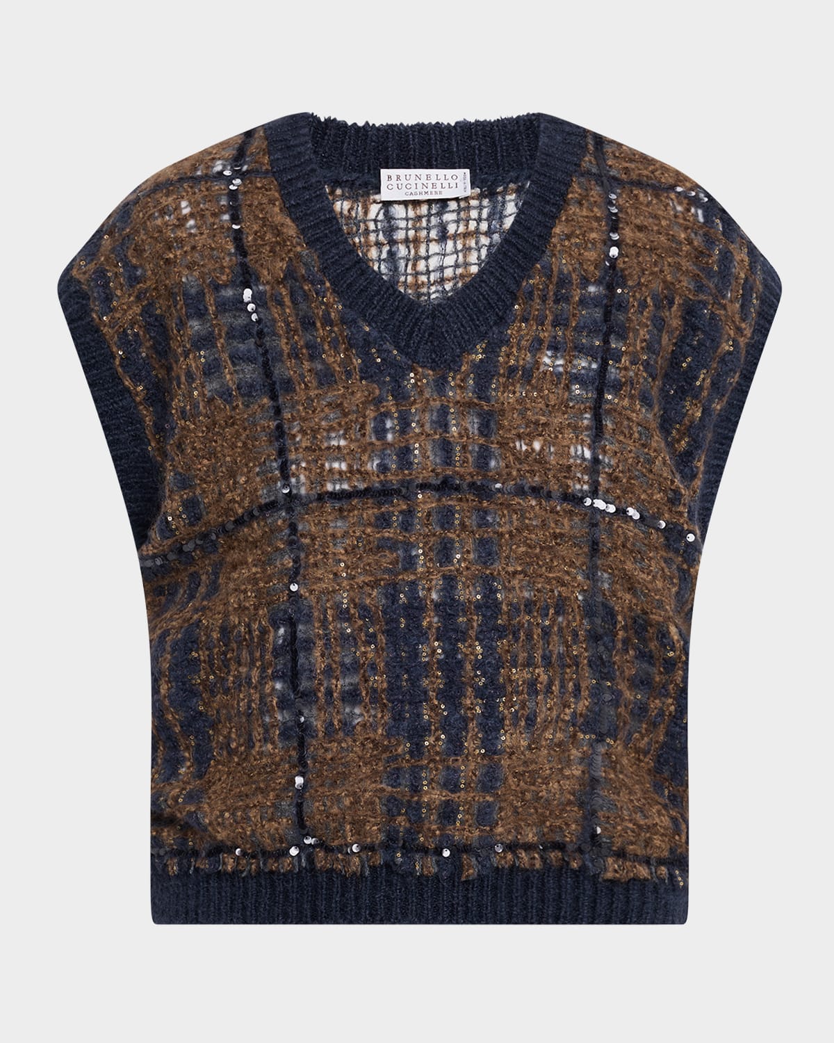 Brunello Cucinelli Paillette Tartan V-neck Sweater Vest