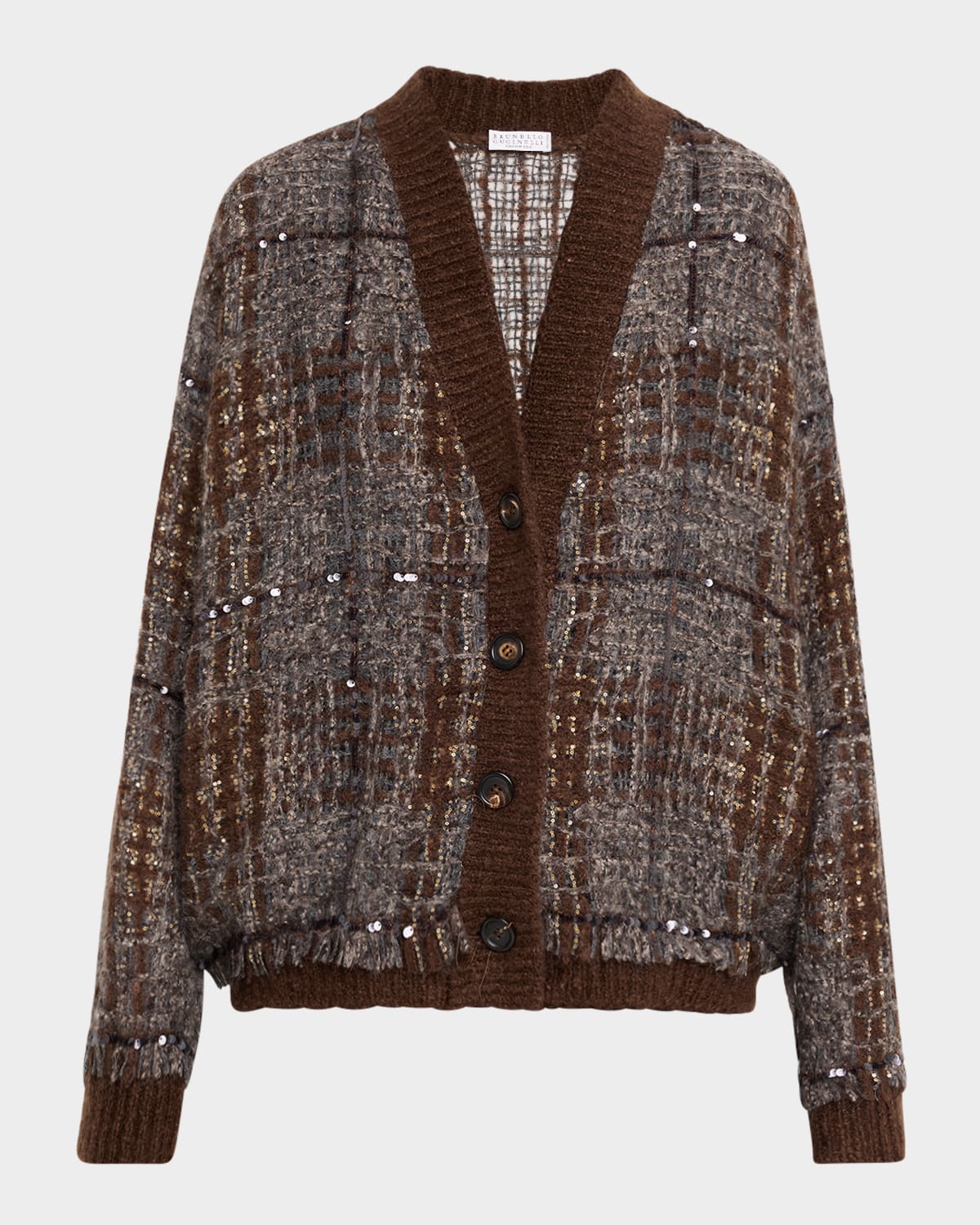 Brunello Cucinelli Tartan Organza Embroidered Cardigan