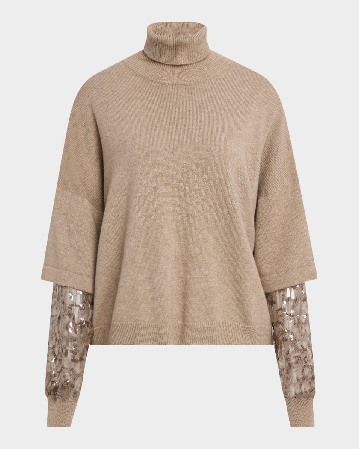 Brunello Cucinelli Cashmere Turtleneck Sweater With Sheer Sequined Sleeves In Brown