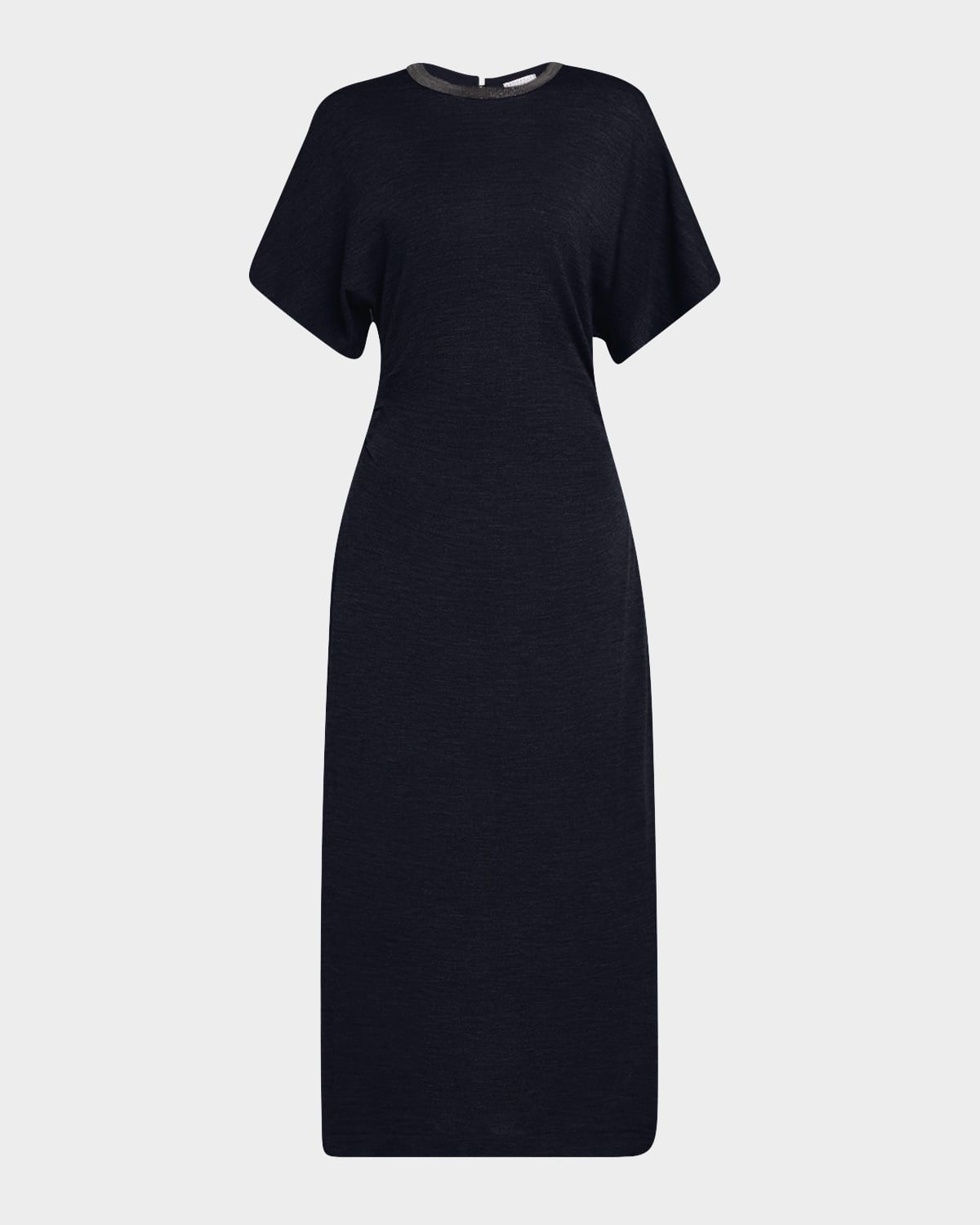 Brunello Cucinelli Monili-neck Short-sleeve Gathered Wool Jersey Midi T-shirt Dress
