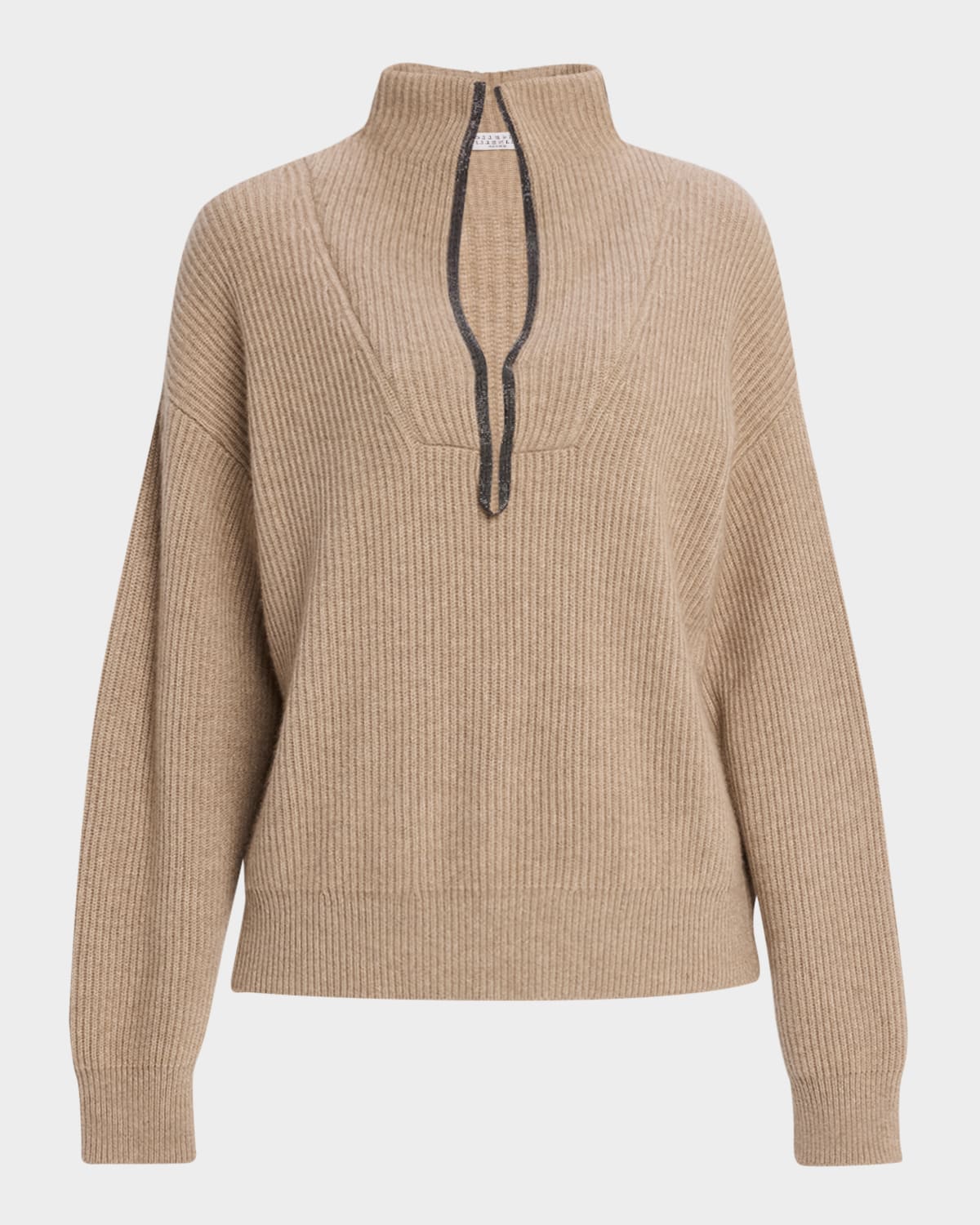 Ribbed Cashmere Deep-V Monili Trim Pullover