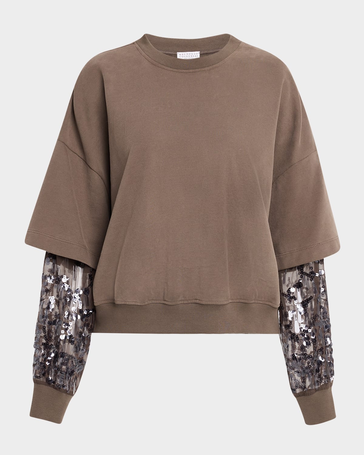 Brunello Cucinelli Crewneck Top With Sheer Sequined Raindrop Sleeves In Brown
