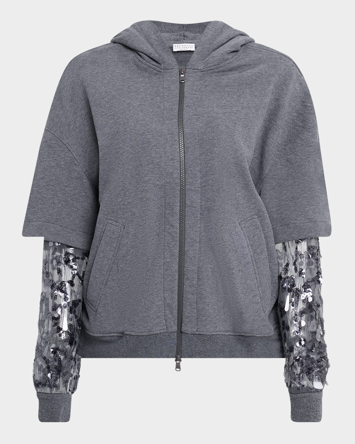 Brunello Cucinelli Hooded Zip Jacket With Sheer Sequined Raindrop Sleeves