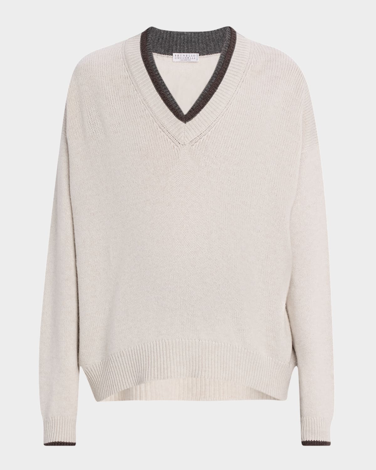 Brunello Cucinelli Cashmere Contrast Stripe V-neck Sweater In Gray