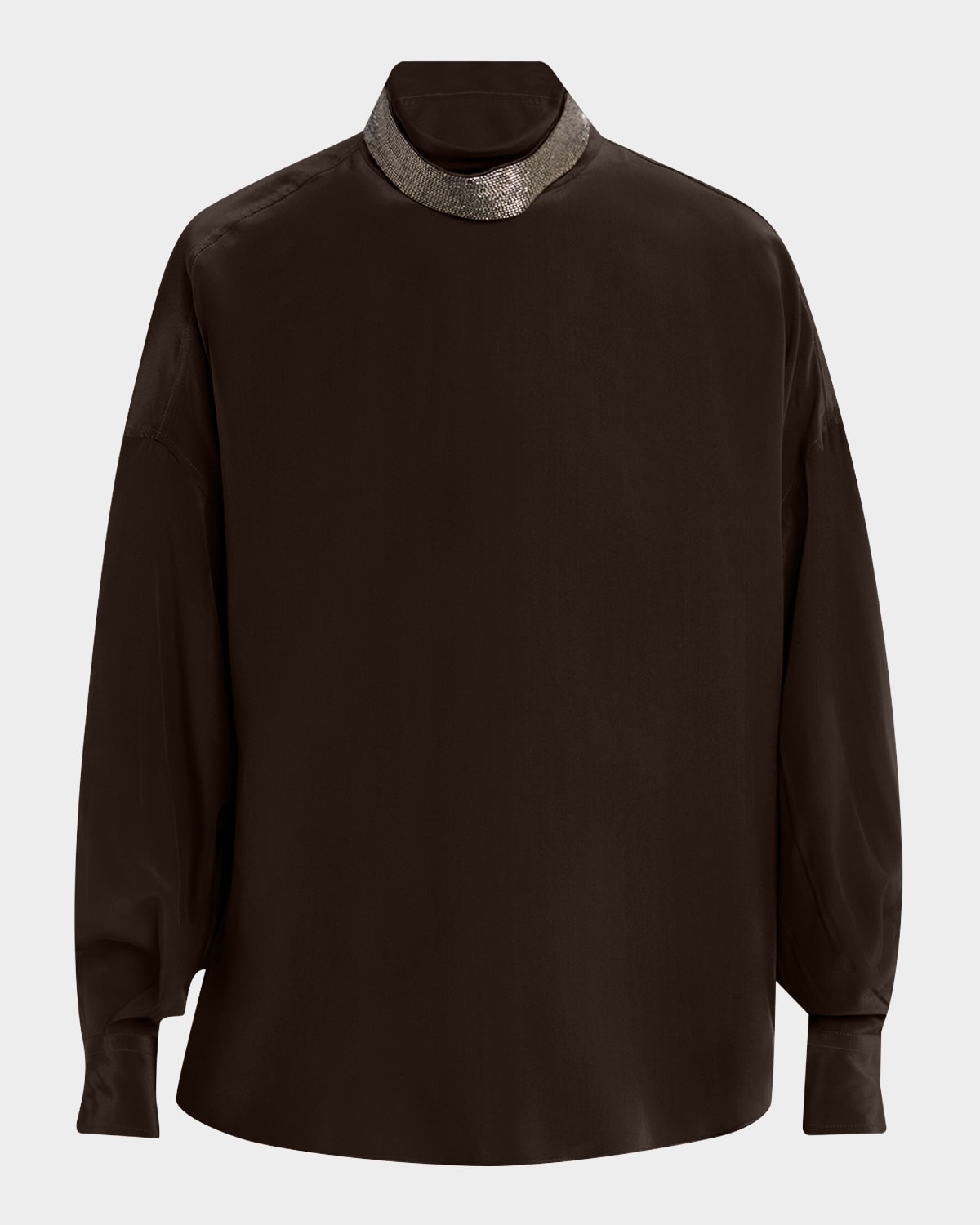Brunello Cucinelli Crepe De Chine Long-sleeve Blouse With Removable Thick Monili Collar