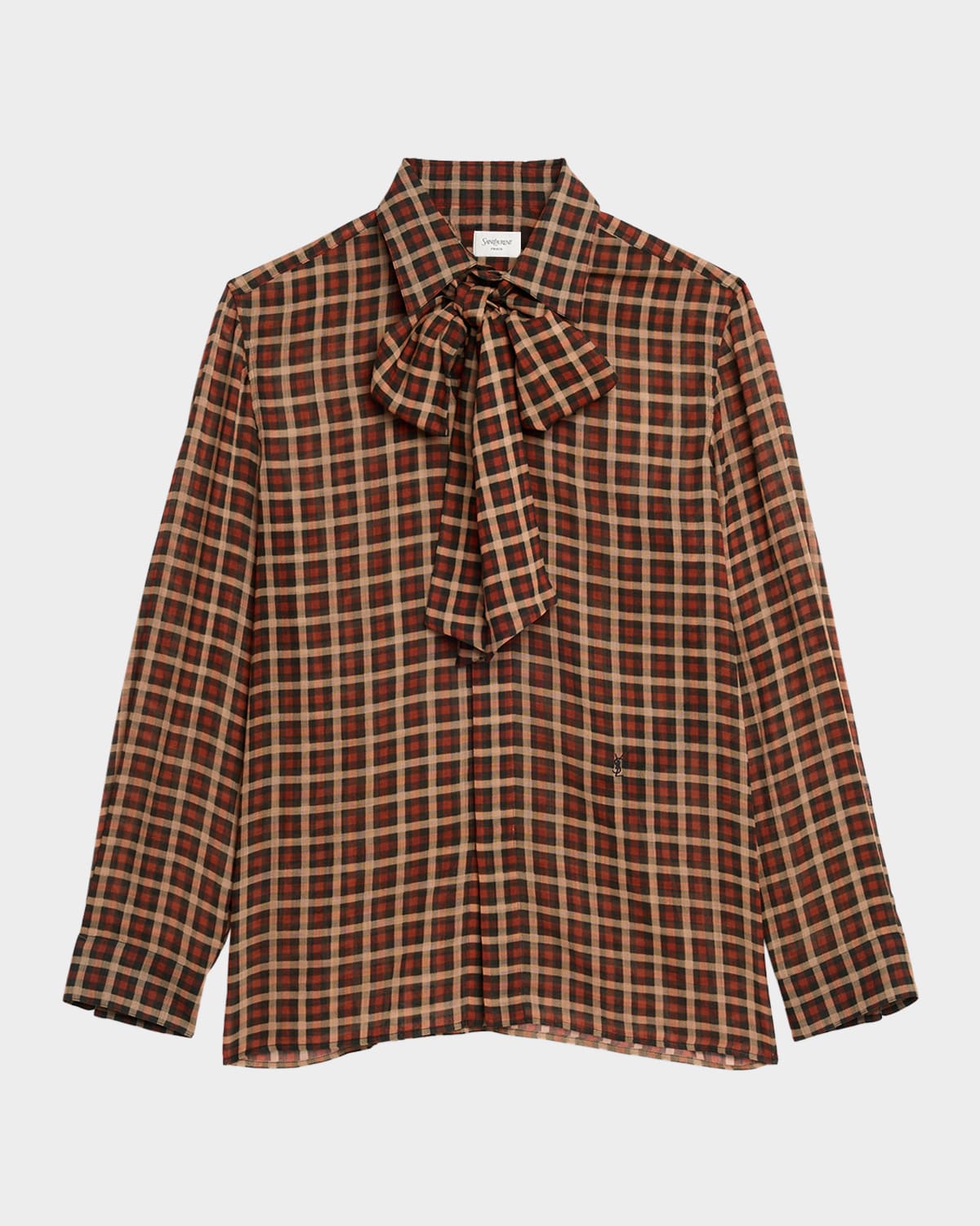 Saint Laurent Wool Shirt Jacket Bow Detail Checks In Brown