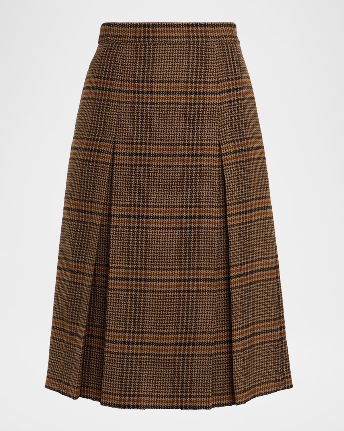Saint Laurent Jupe Pleated Houndstooth Wool-blend Midi Skirt In Brown