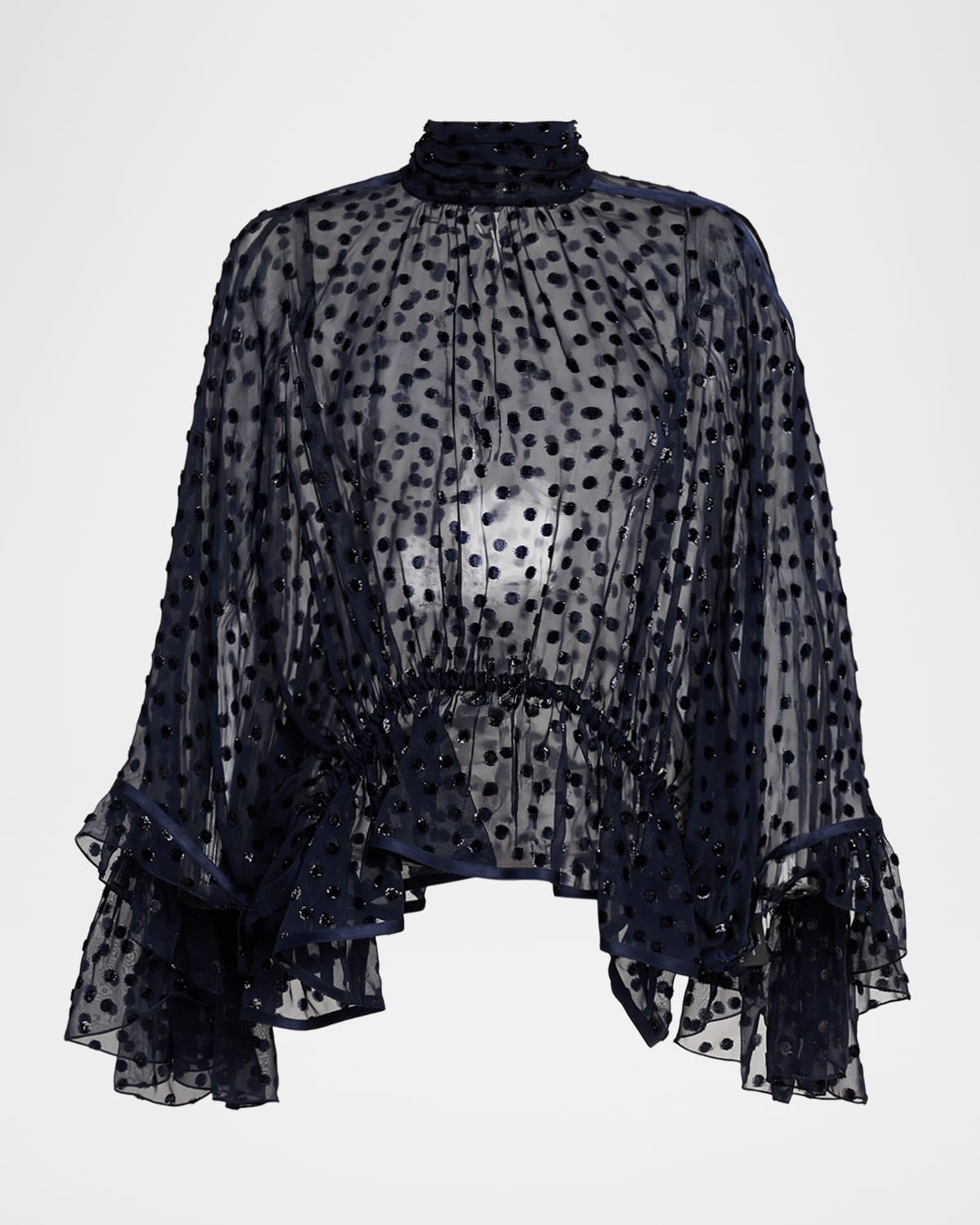 Saint Laurent Polka Dot Sheer High-neck Peplum Blouse In Blue