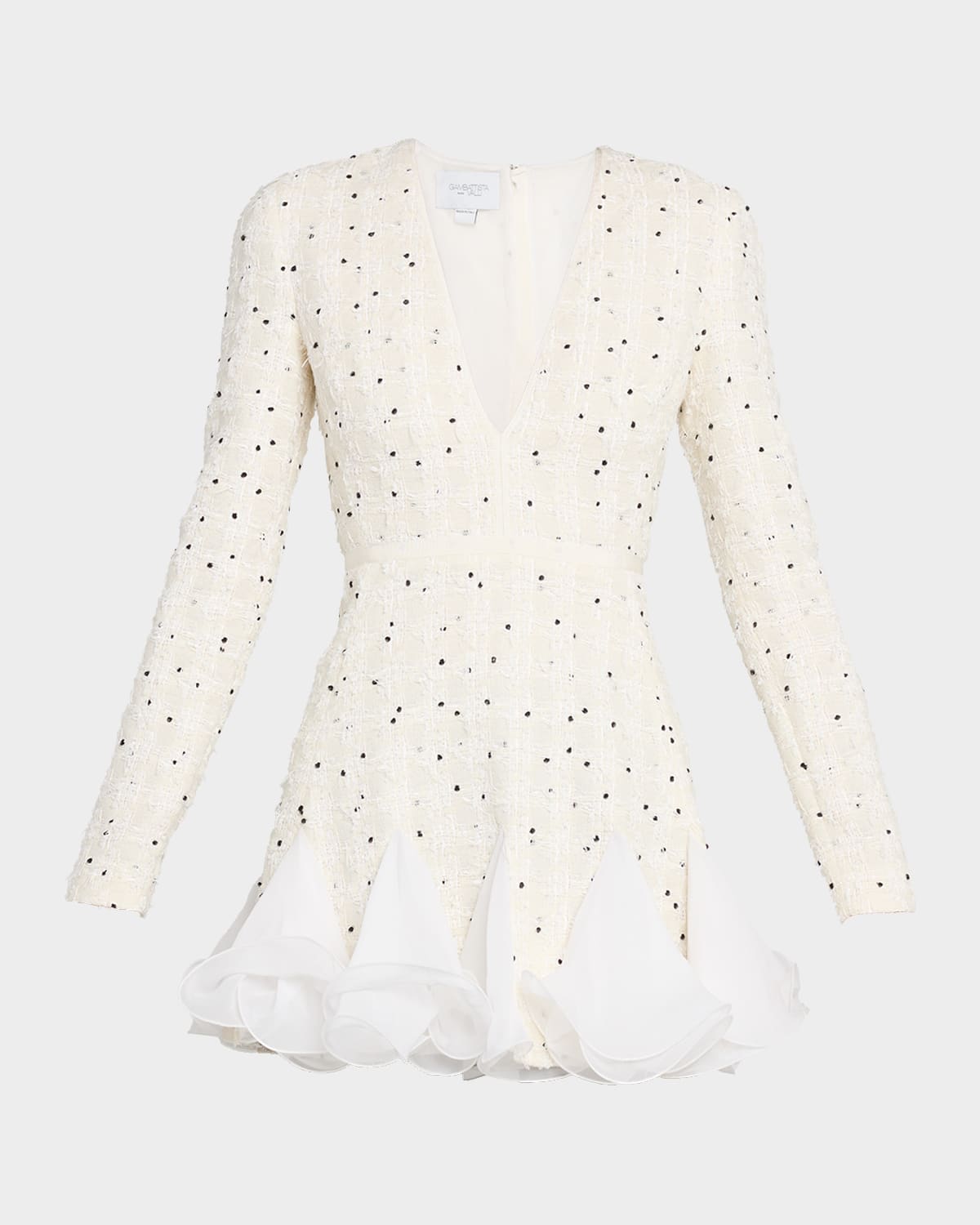 Giambattista Valli Polka-dot Boucle Long-sleeve Godet Mini Dress In Neutral