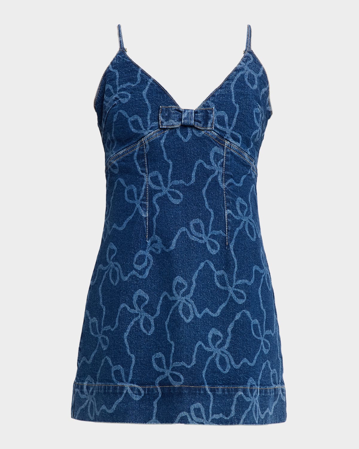 Loveshackfancy Solina Denim Bow Mini Dress In Blue