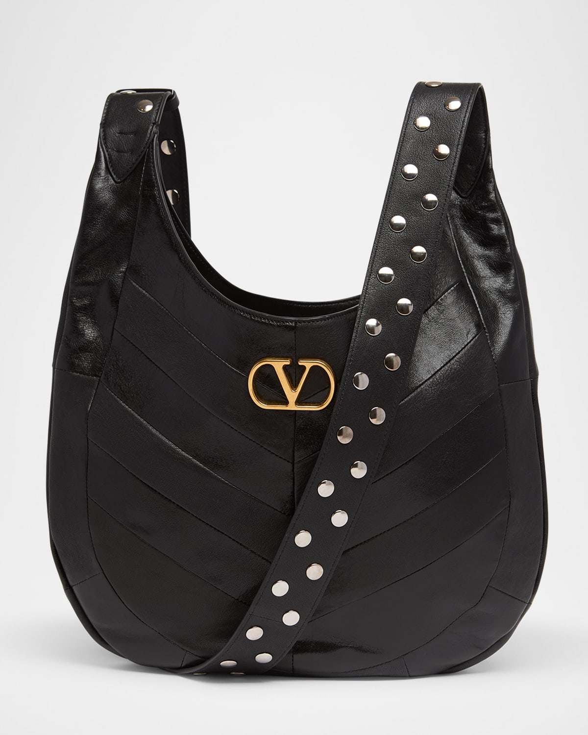 Valentino Hoboho Studded Patchwork Leather Hobo Bag In Black