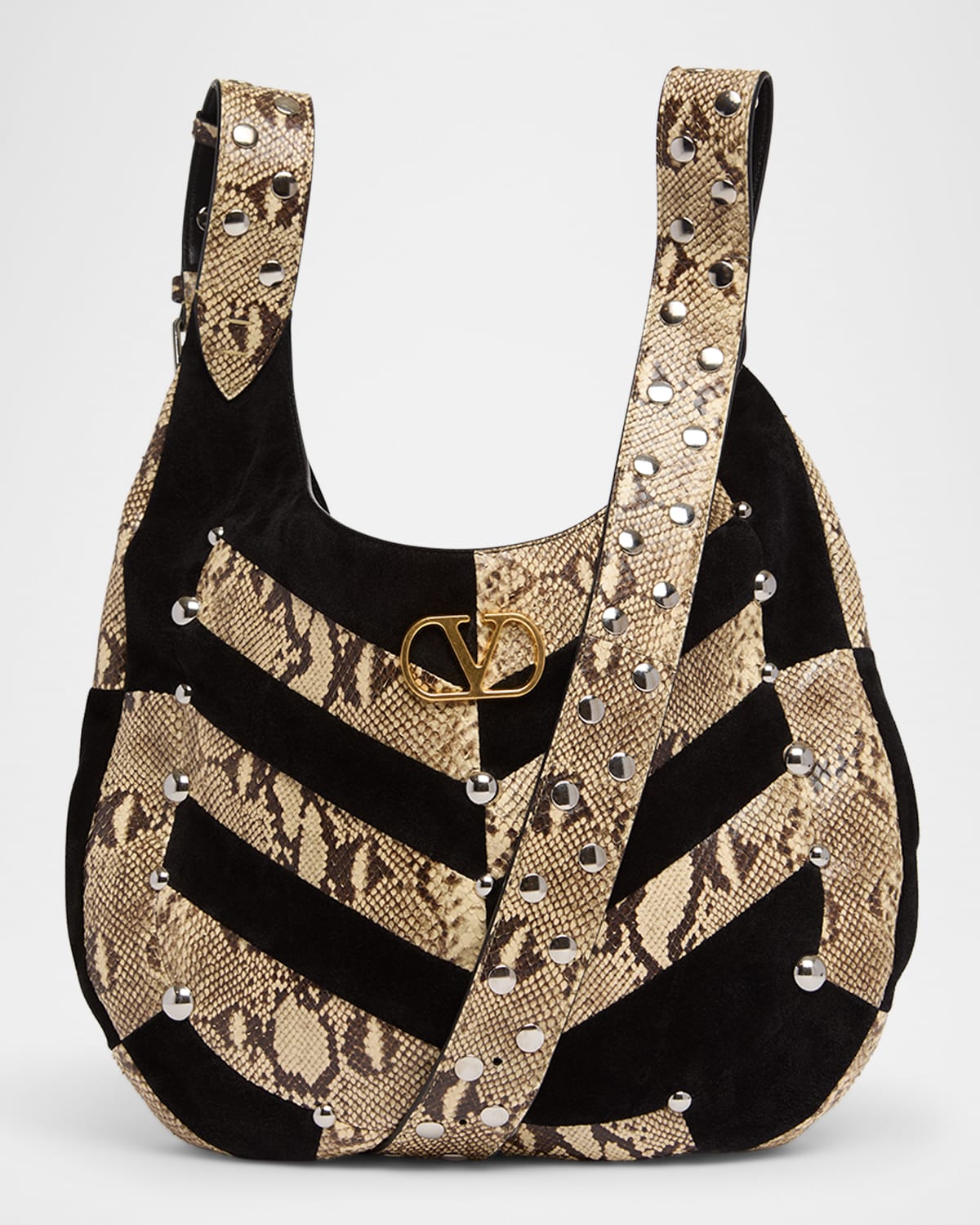 Valentino Patchwork Suede & Python Hobo Bag In Black