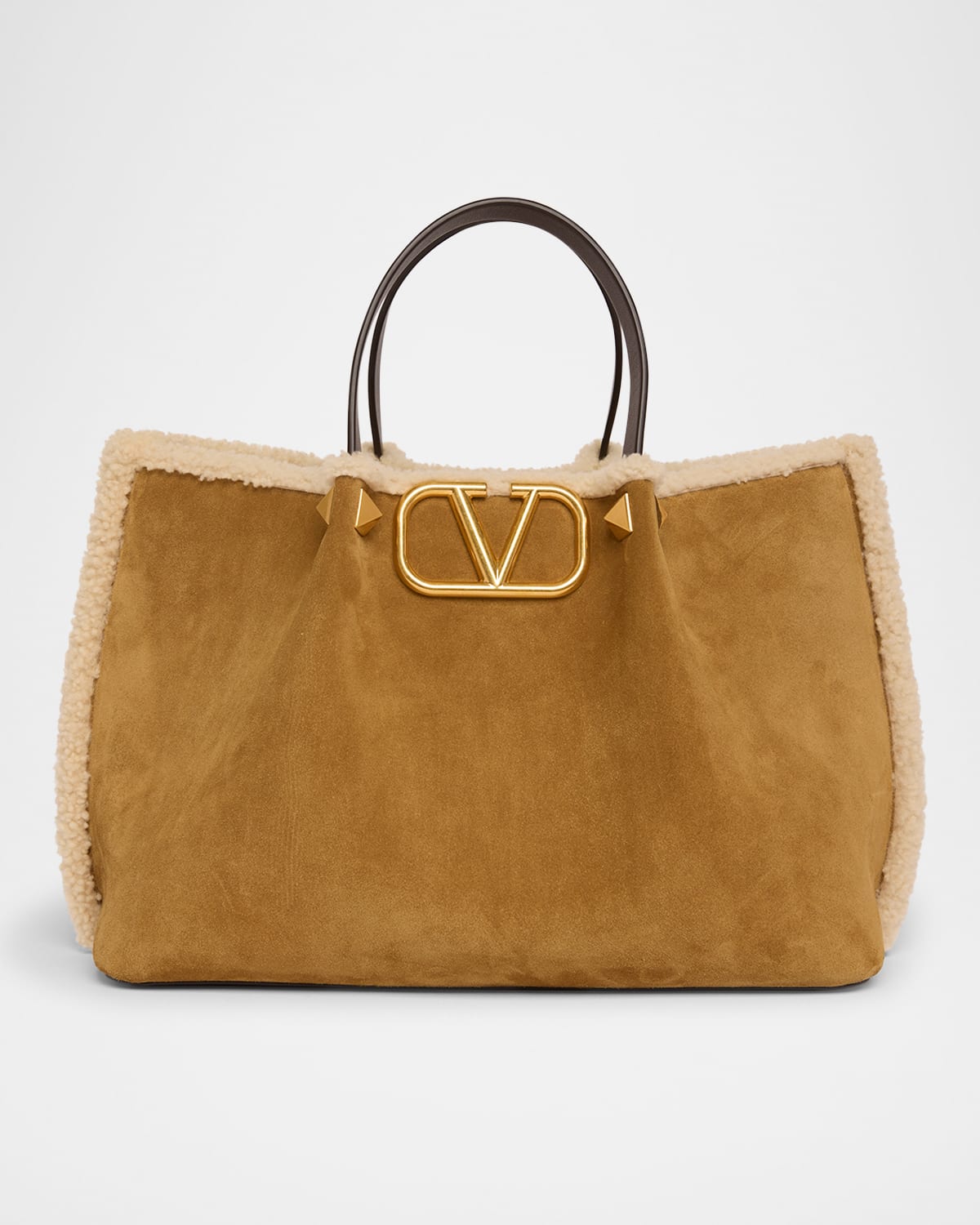 Valentino Garavani Medium Suede Shopping Bag With Shearling Lining In Brown