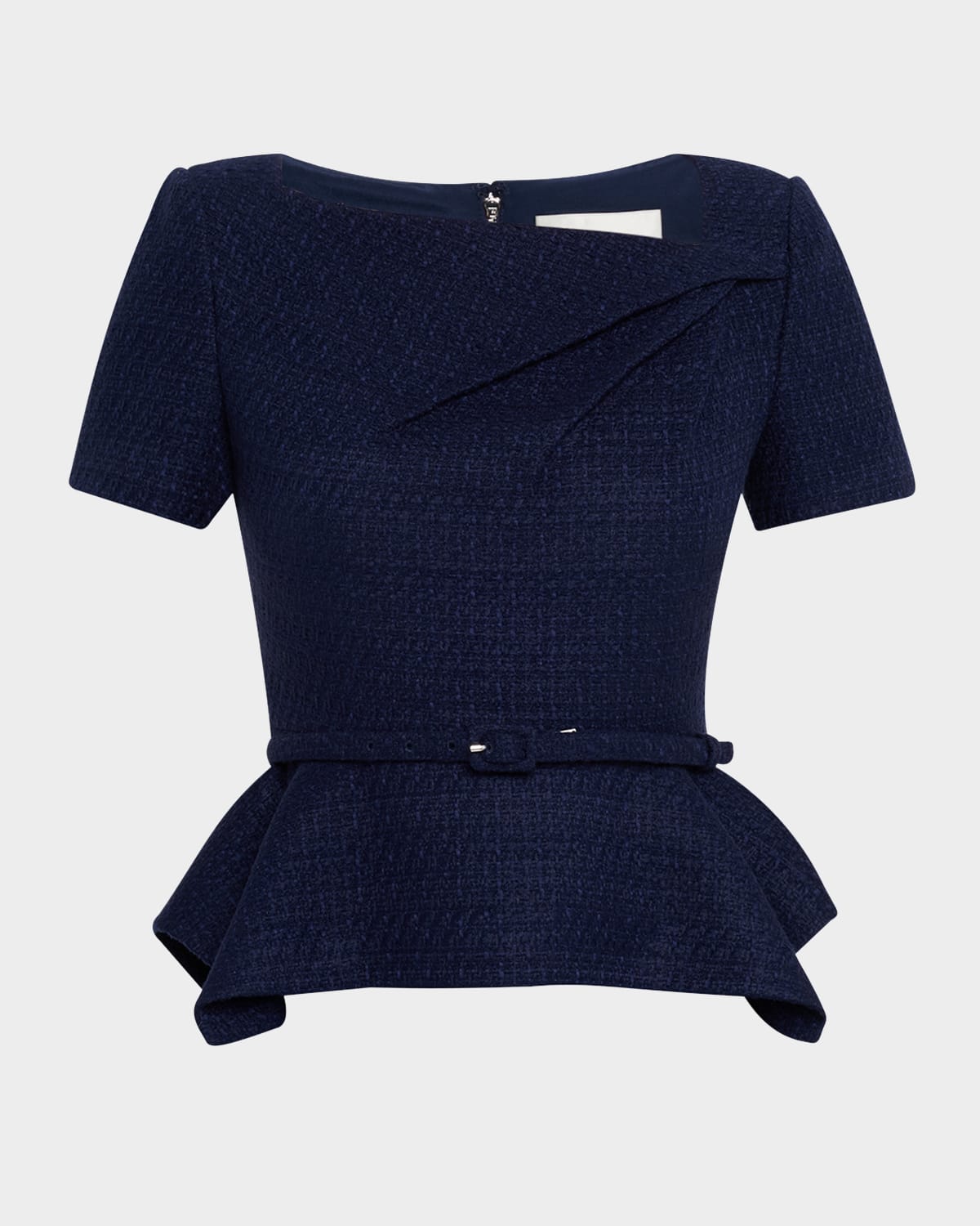 Roland Mouret Asymmetric Twist Boucle Belted Peplum Top In Blue