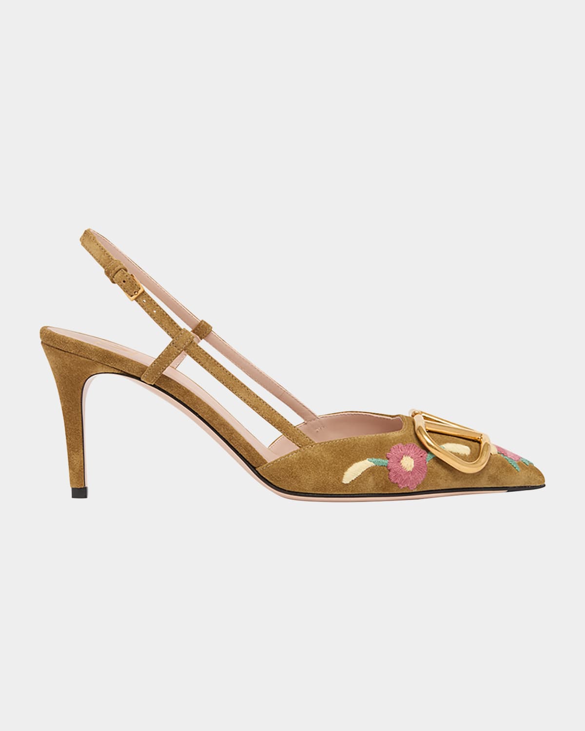 Valentino Garavani Vlogo Signature Flower-embroidered Suede Slingback Pumps In Brown