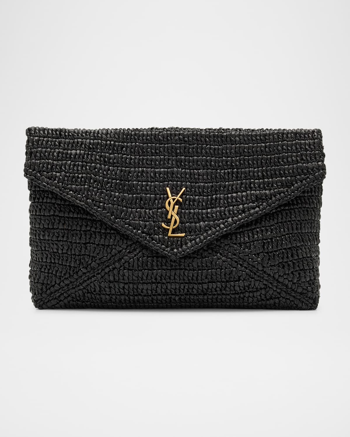 Saint Laurent Large Envelope Flap Ysl Clutch Bag In Raffia In Black
