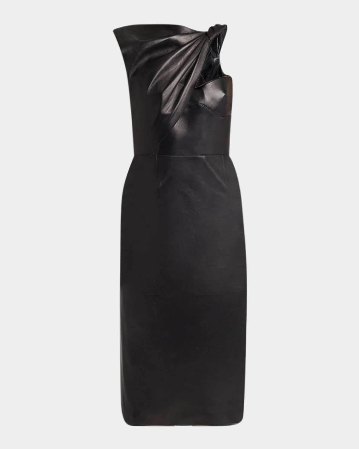 Alexander Mcqueen Twisted Bustier Leather Midi Pencil Dress In Black