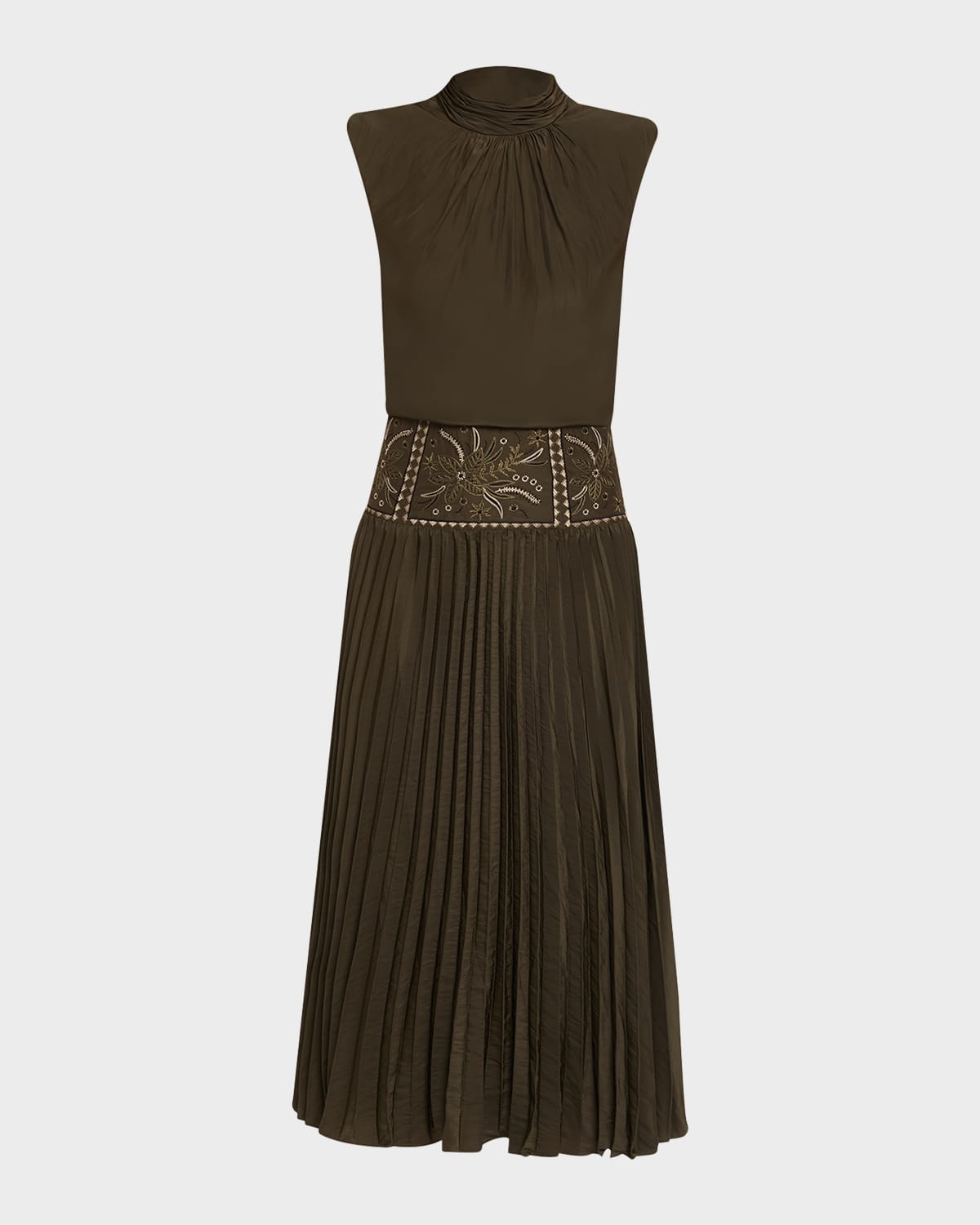 Ramy Brook Kimberly Embroidered Pleated Midi Dress In Green
