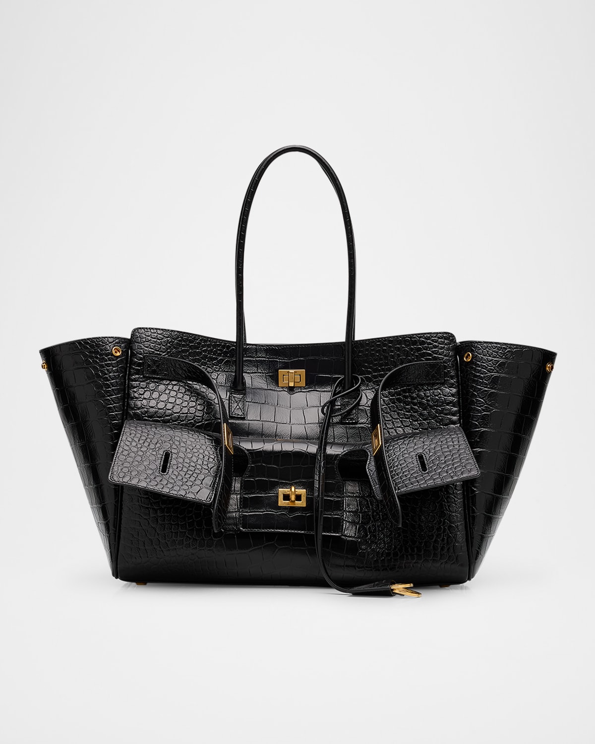 Balenciaga Bel Air Medium Croc-embossed Leather Tote Bag In Black