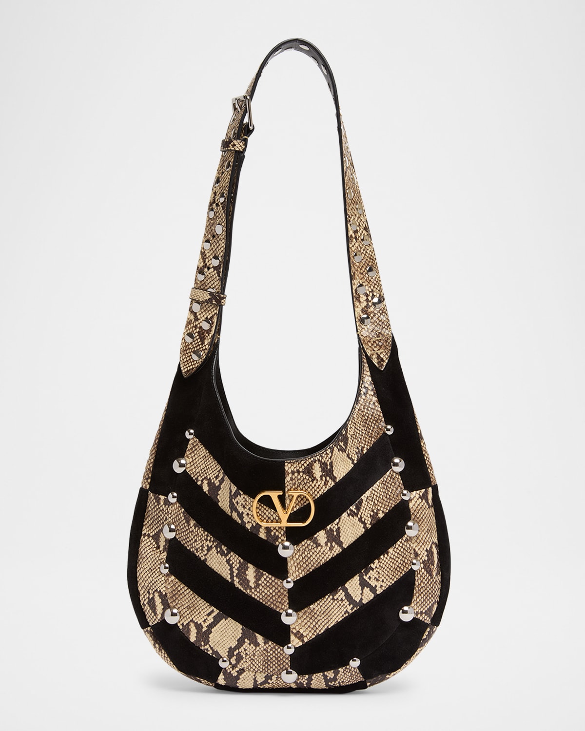 Valentino Garavani Small Patchwork Suede & Python Hobo Bag In Black