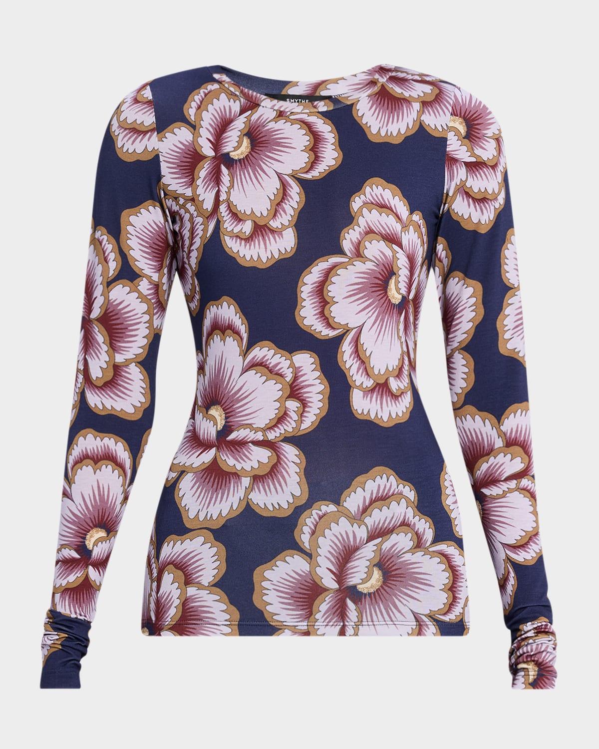 Smythe Floral Scrunch-sleeve Crewneck Top In Blue
