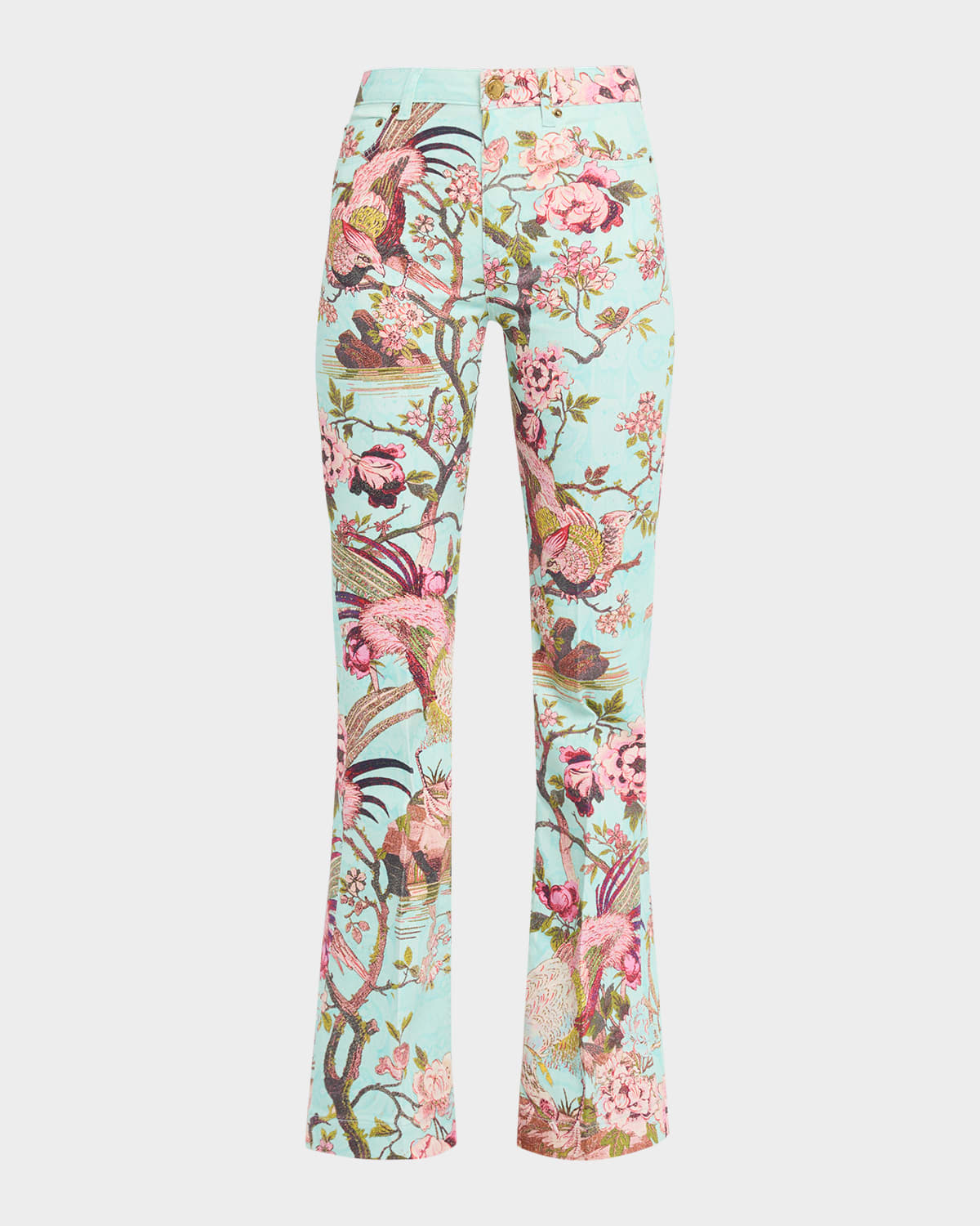 Roberto Cavalli Bird-print Flared Stretch Cotton Trousers In Multi