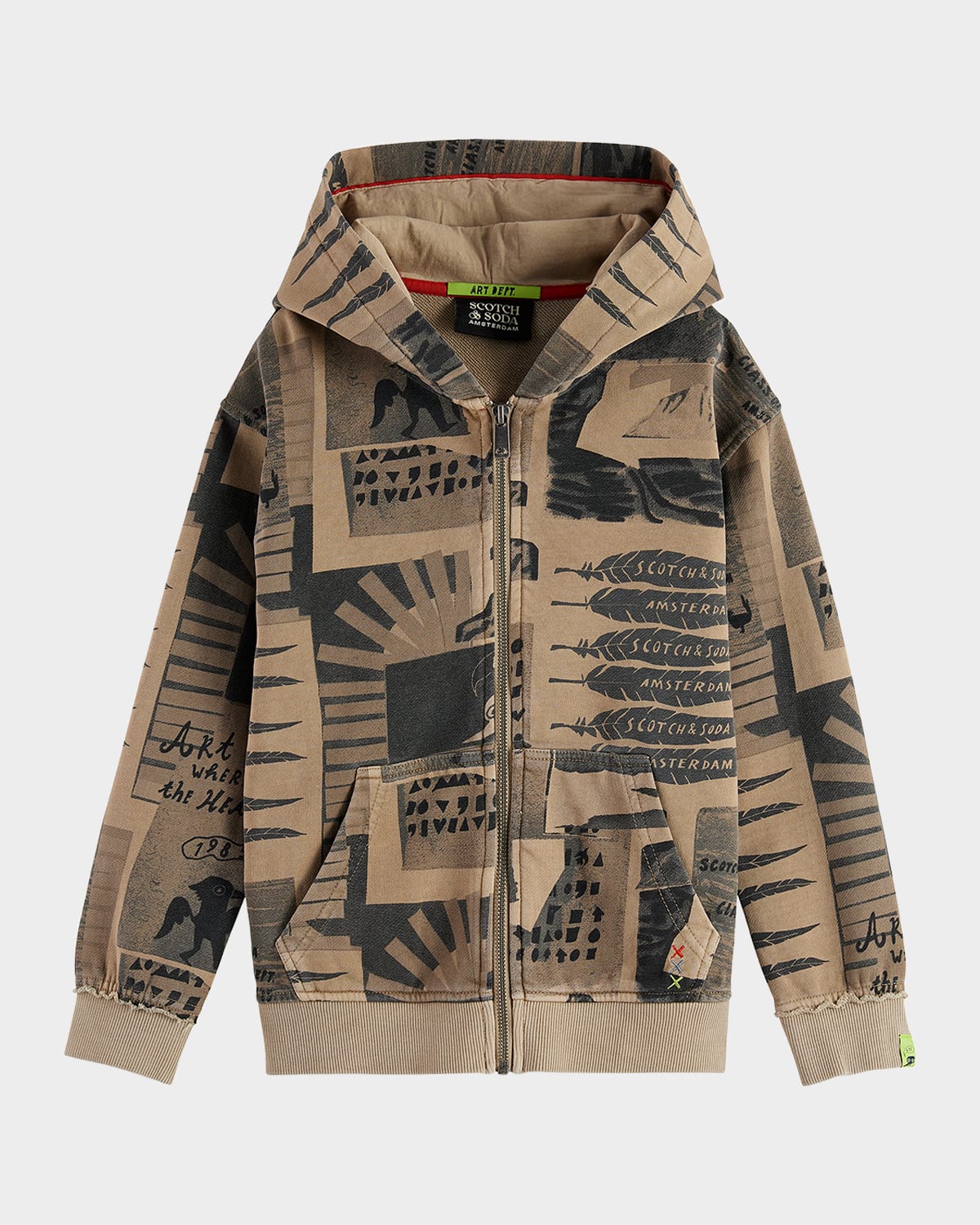 Scotch & Soda Boy's Graphic-print Cotton Zip-front Hoodie In Brown