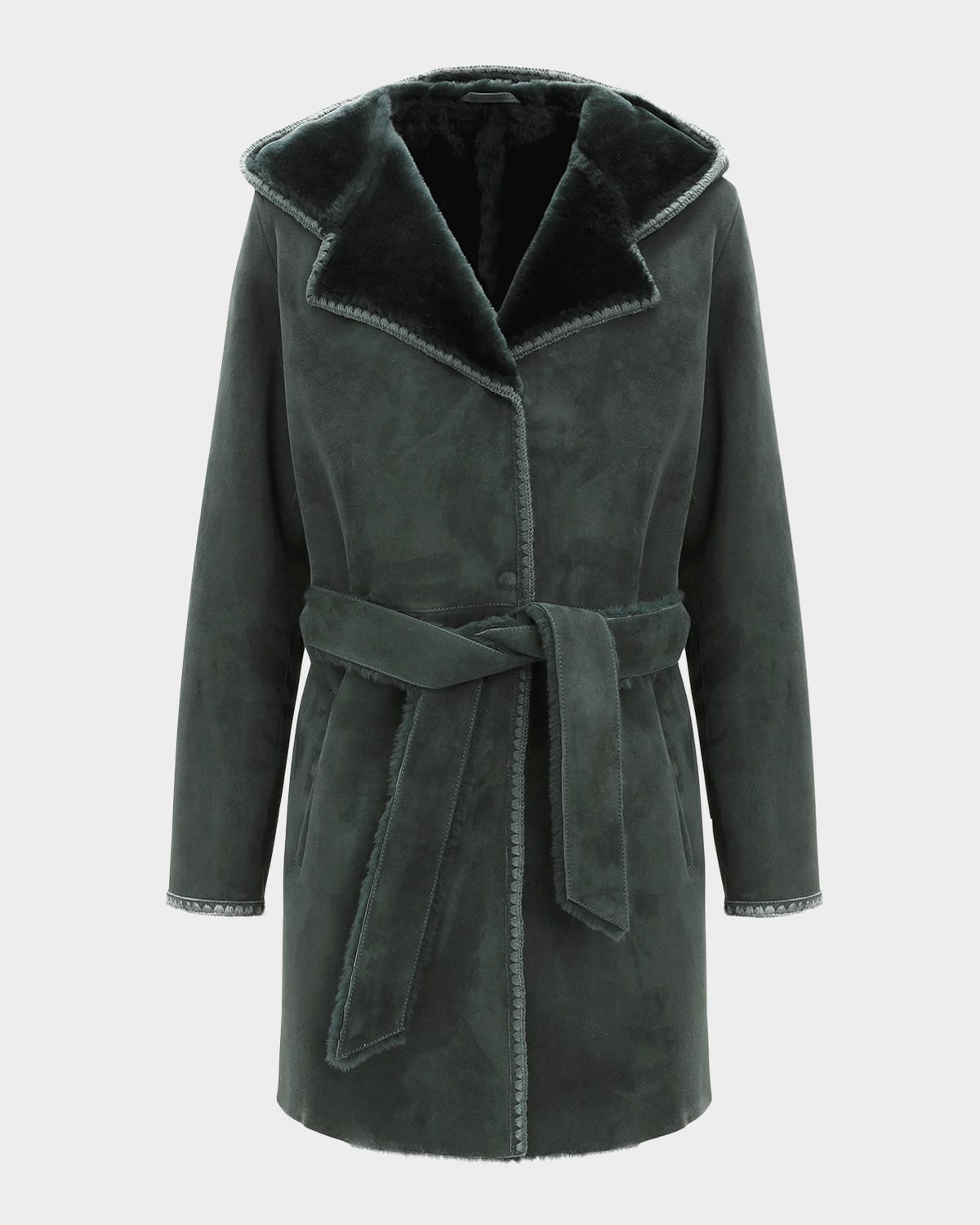 Gorski Merino Shearling Lamb Belted Parka With Embroidered Trim In Green