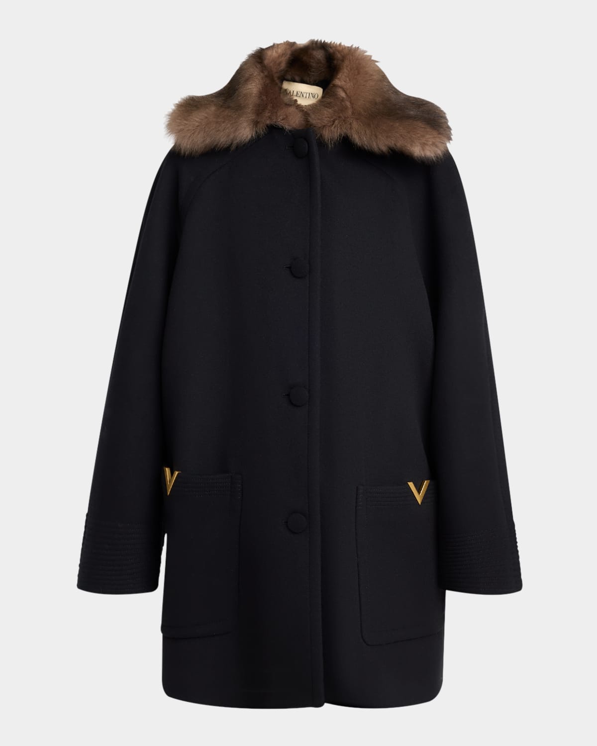 Valentino Sheep Shearling Collar Single-breasted Wool Coat In Black