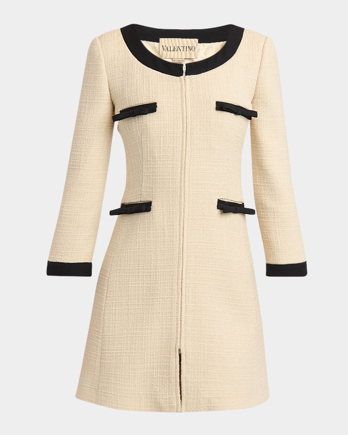 Valentino Tweed Long-sleeve Zip Mini Dress In Brown