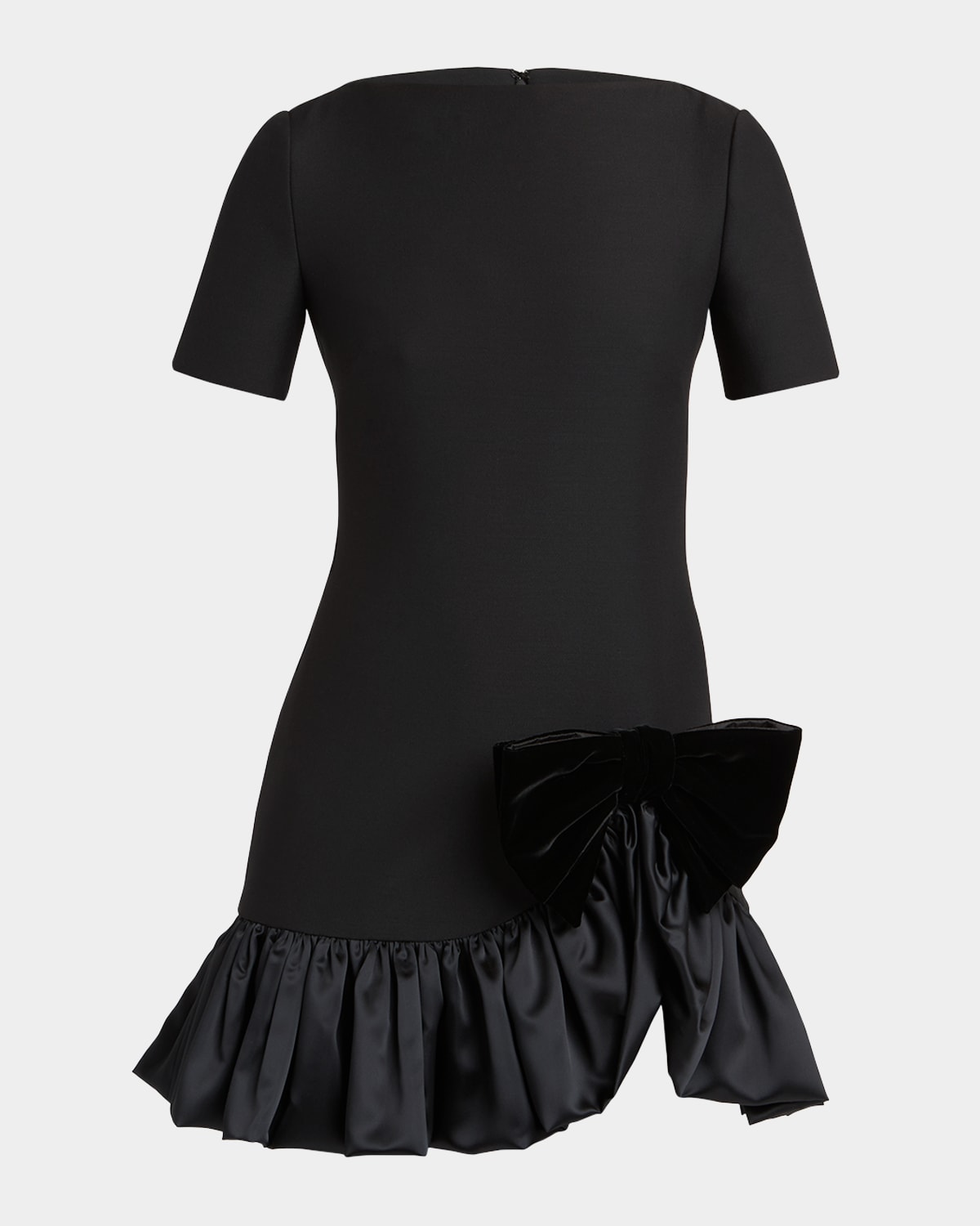 Valentino Velvet Bow Ruffle Short-sleeve Mini Dress In Black