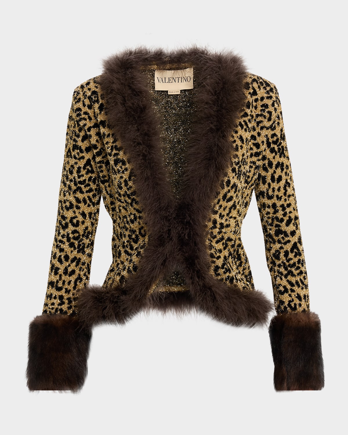 Valentino Feather And Lamb Shearling Trim Metallic Leopard Jacket In Gold
