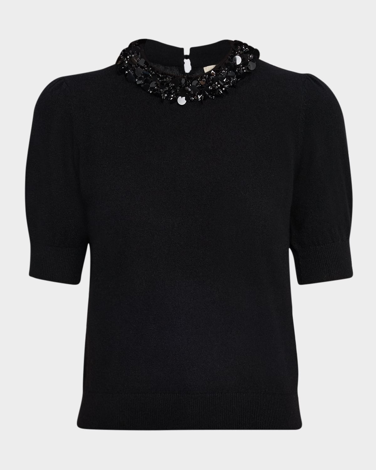 Ulla Johnson Liv Embroidered Short-sleeve Cashmere Sweater In Black
